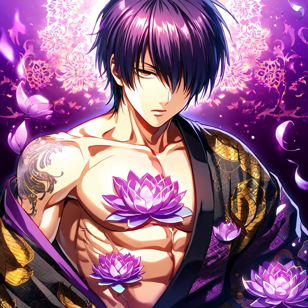 absurdres, highres, ultra detailed, HDR, master piece, best quality, Takasugi Shinsuke, dark purple hair, hair over the left eye, expressive brown eyes, Gintama, solo, handsome, sexy man, toned chest, black haori, purple kimono, patterns, magical, fantasy, purple background, purple lotus, shining, purple petals, purple sparkling butterflies, purple water