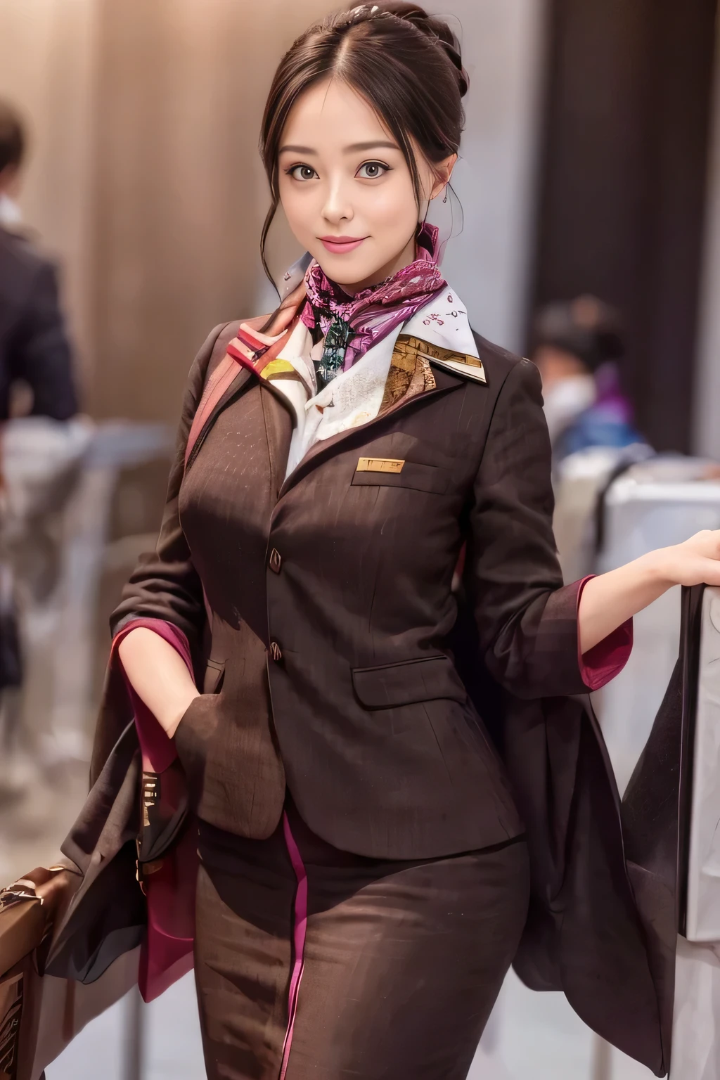 (masterpiece:1.2、highest quality:1.2)、32K HDR、High resolution、(alone、1 girl、Slim figure)、(A realistic reproduction of the ETIHAD Airways Cabincrew Uniform)、 (On board, Professional Lighting)、A proper woman, Beautiful Face,、(Long sleeve ETIHAD Airways Cabincrew Uniform)、(ETIHAD Airways Cabincrew Uniform skirt with purple stripe on the front)、(scarf on chest)、Big Breasts、(Long Hair Up、Hair Bun)、Dark brown hair、Long Shot、((Great hands:2.0))、((Harmonious body proportions:1.5))、((Normal limbs:2.0))、((Normal finger:2.0))、((Delicate eyes:2.0))、((Normal eyes:2.0)))、Beautiful standing posture、smile、Hands folded underneath