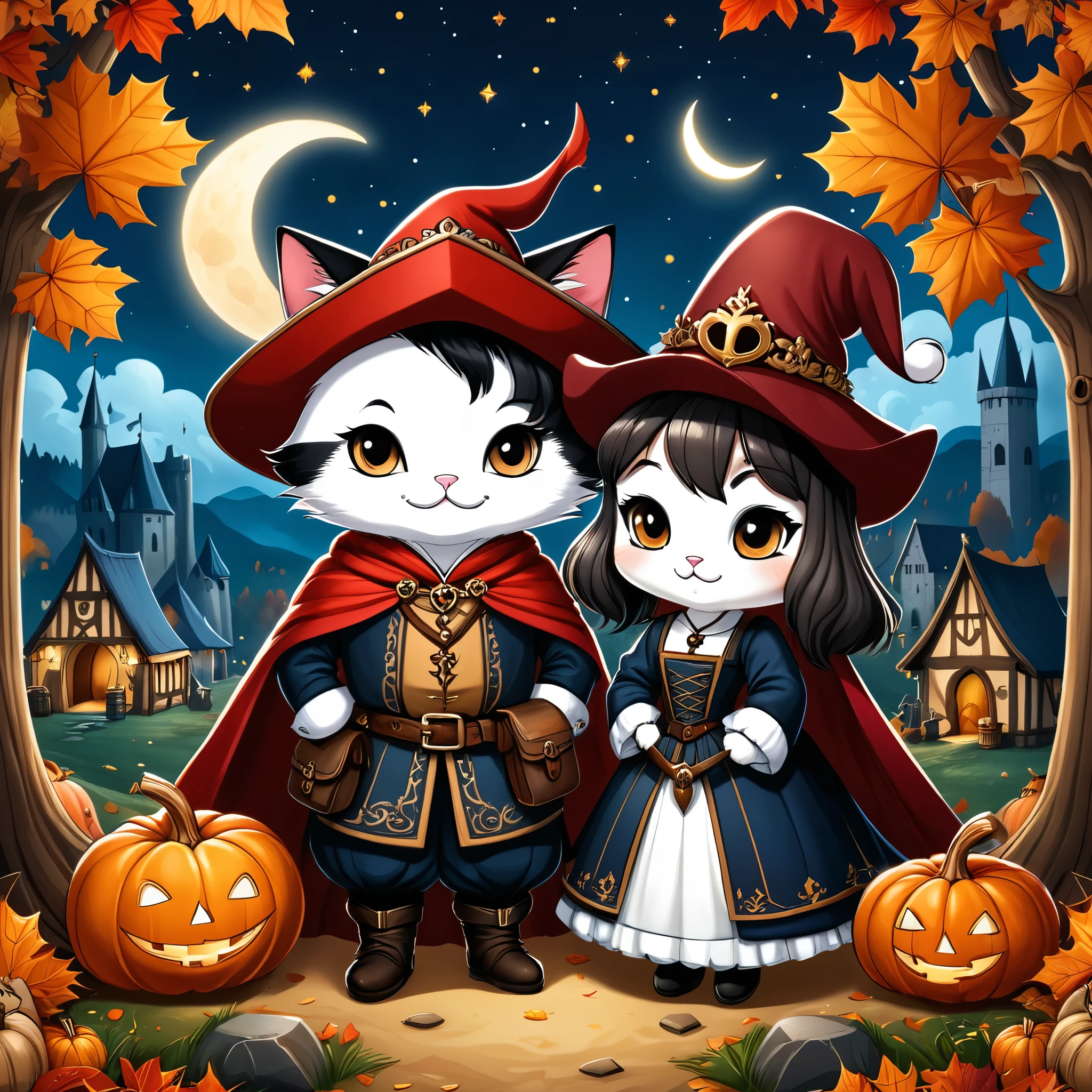Professional cartoon illustration, (masterpiece in maximum 16K resolution, superb quality, ultra detailed:1.3), (cute round autumn postcard adorned with exquisite detailes:1.4), a calico feline love medieval couple sitting on a log amidst the (medieval campsite), a tent, (medieval merchant clothes:1.2), (featured hats), a big backpack, (Gothic patterns:1.3), gloomy night sky with the crescent moon and tall .