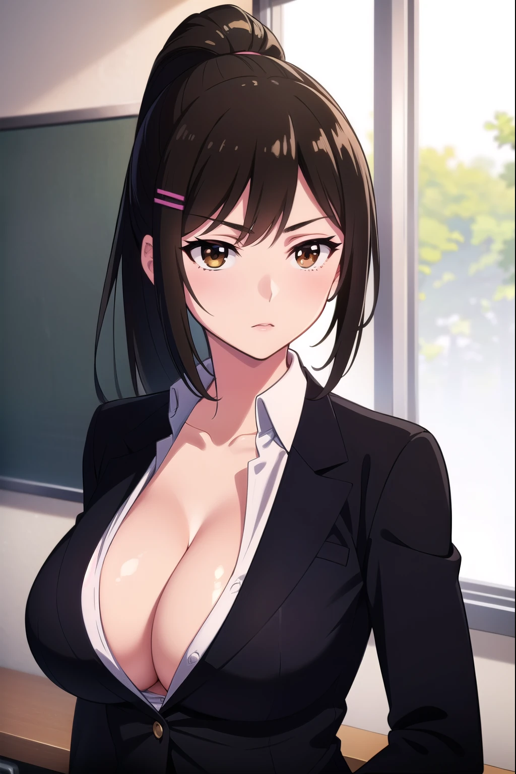 saechabashira, Chabashira Sae, One woman, Long Hair, (black hair:1.5), hair ornaments, (Brown eyes:1.3), Sharp Eyes, ponytail, Hair Clip, shirt, Cleavage, clavicle, Jacket, opened jacket, White shirt, opened shirt, formal, suit, indoors, classroom, looking at viewer, (masterpiece:1.2), highest quality, High resolution, unity 8k wallpaper, (figure:0.8), (Beautiful fine details:1.6), provocative eyes, Highly detailed face, Perfect lighting, Highly detailed CG, (Perfect hands, Perfect Anatomy), (Large Breasts:1.5), nipples, exposed breasts, blush, close up of chest, upper body