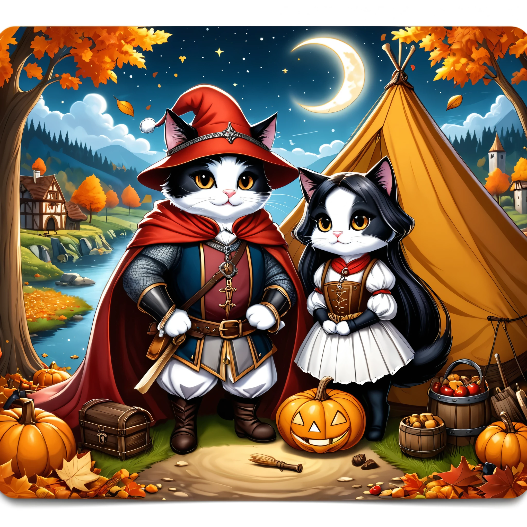 Professional cartoon illustration, (masterpiece in maximum 16K resolution, superb quality, ultra detailed:1.3), (cute round autumn postcard adorned with exquisite detailes:1.4), a calico feline love medieval couple sitting on a log amidst the (medieval campsite), a tent, (medieval merchant clothes:1.2), (featured hats), a big backpack, (Gothic patterns:1.3), gloomy night sky with the crescent moon and tall .
