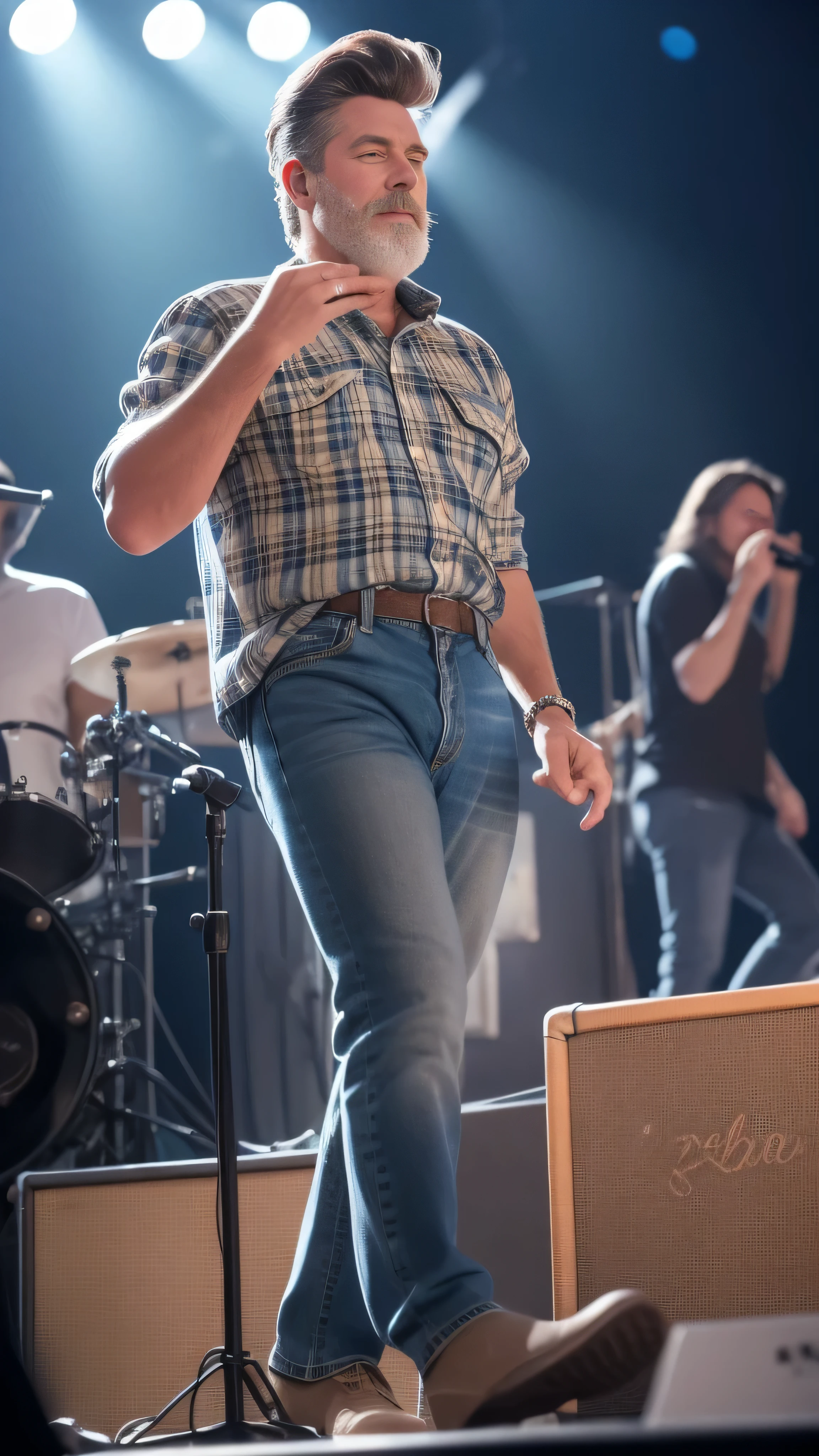 With stunning clarity, an older man, around 40, with a neatly trimmed salt-and-pepper beard, is deeply engrossed in the captivating performance at a Doobie Brothers concert. Sitting in the front row, he is dressed casually yet smartly in a navy blue linen shirt and light-washed denim jeans. His hair is styled in a trendy disheveled quiff, and his eyes, filled with profound joy, sparkle with the energy of the music. His hands are clasped together, tapping rhythmically to the beat, while his foot taps absent-mindedly against the ground as he watches the band on stage. Surrounded by