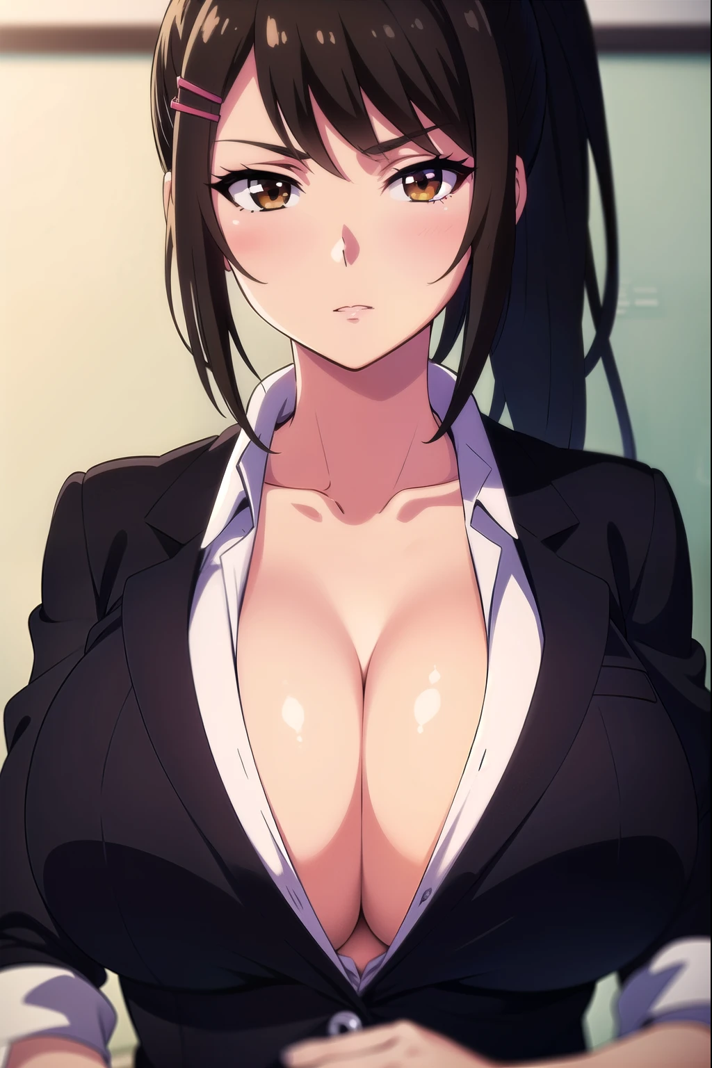 saechabashira, Chabashira Sae, One woman, Long Hair, (black hair:1.5), hair ornaments, (Brown eyes:1.3), Sharp Eyes, ponytail, Hair Clip, shirt, Cleavage, clavicle, Jacket, opened jacket, White shirt, opened shirt, formal, suit, indoors, classroom, looking at viewer, (masterpiece:1.2), highest quality, High resolution, unity 8k wallpaper, (figure:0.8), (Beautiful fine details:1.6), (provocative eyes), Highly detailed face, Perfect lighting, Highly detailed CG, (Perfect hands, Perfect Anatomy), (Large Breasts:1.5), exposed nipples, blush, (close up of chest), upper body