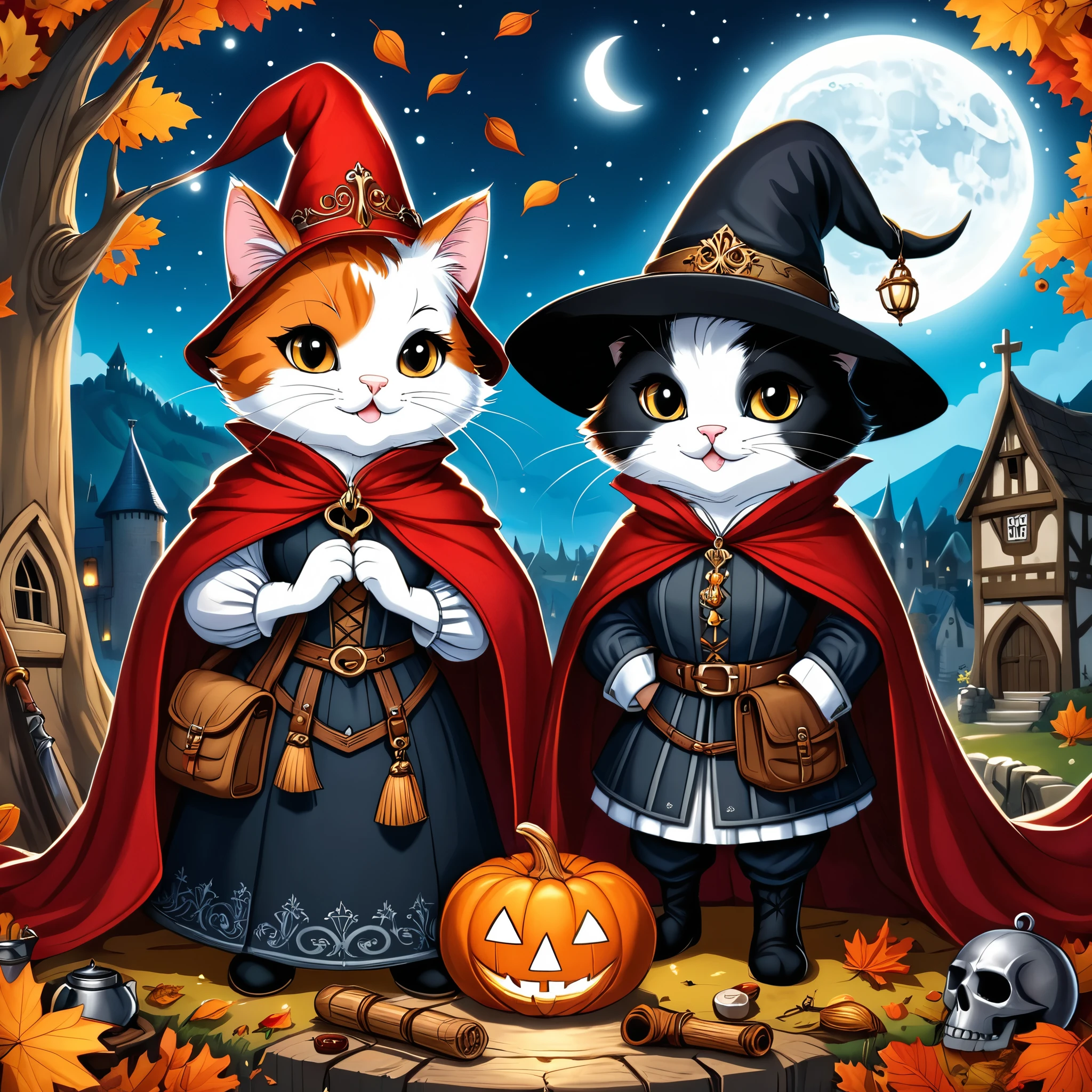 Professional cartoon illustration, (masterpiece in maximum 16K resolution, superb quality, ultra detailed:1.3), (cute round autumn postcard adorned with exquisite detailes:1.4), a calico feline love medieval couple sitting on a log amidst the (medieval campsite), a tent, (medieval merchant clothes:1.2), (featured hats), a big backpack, (Gothic patterns:1.3), gloomy night sky with the crescent moon and tall .