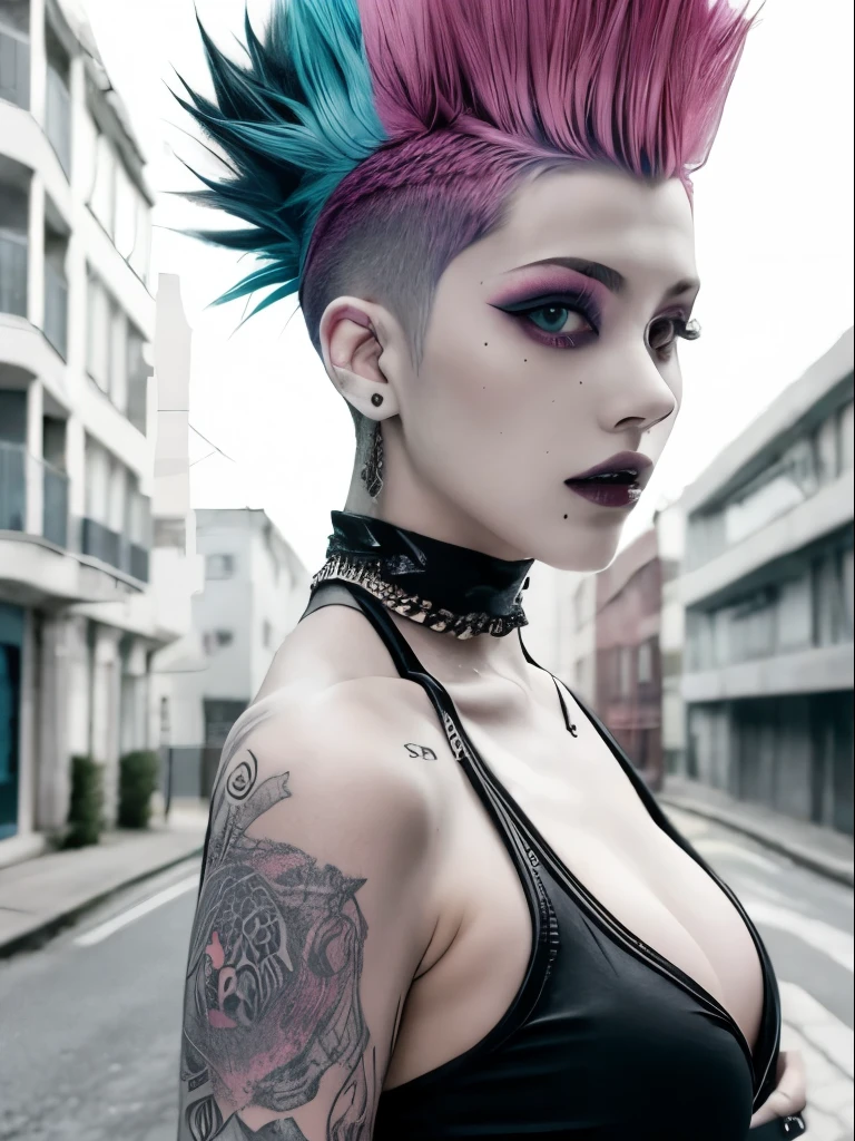 1girl,mowhawk with shaved sides, bright gradient hair, goth makeup, alt, outdoors, abandoned street, colar, perfect breasts