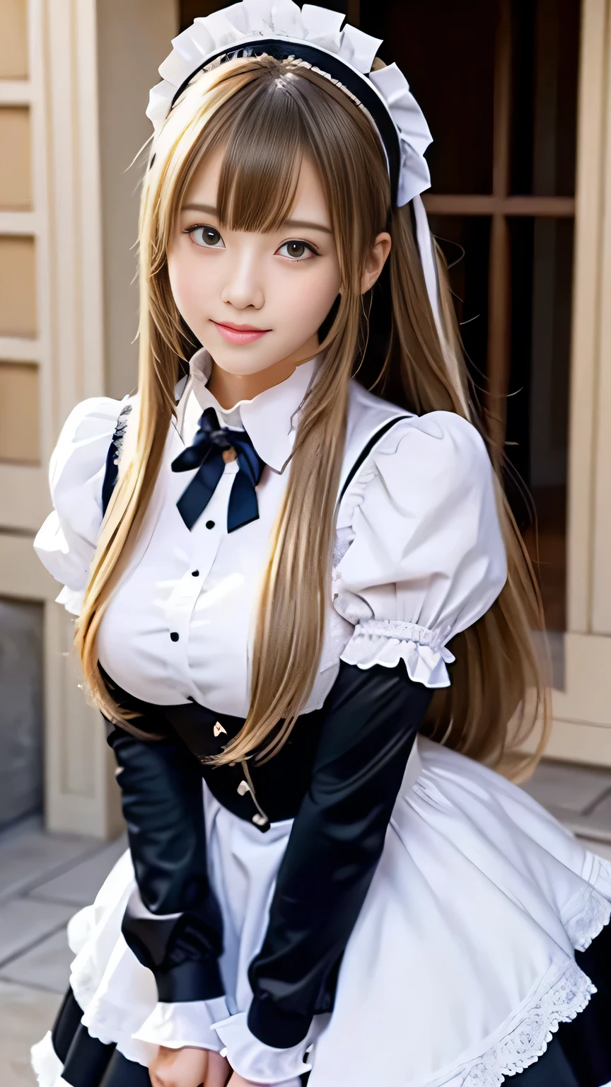 Sexy Big 、A cute -yeld giwith a sexy and cute look, beautiful and sexy face、A strong wind blows my hair in front of my face、With straight blonde hair、beautiful, Cute and sexy eyes hidden behind long bangs、Sexy maid outfit、2A friendly maid