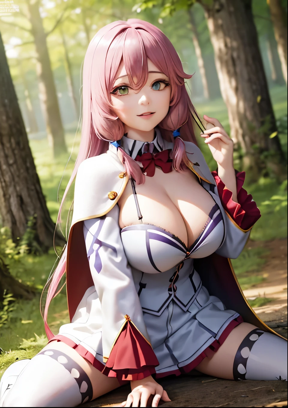 masterpiece, best quality, ultra-detailed, beautiful detailed eyes, extremely detailed eyes and face, 1girl, flarejioral, sidelocks, cleavage, cape, long sleeves, white skirt, pleated skirt, white thighhighs, boots, white footwear, cross-laced footwear, knee boots, ((large breasts)), looking at viewer, smiling, forest, cowboy shot,pink hair,masterpiece, best quality,  hentai 69(sex position) ,1girl, (mature female:1.5), oral, 1boy, fellatio,  hetero, 69, penis, fellatio solo focus,  gathers,  mature female,flare