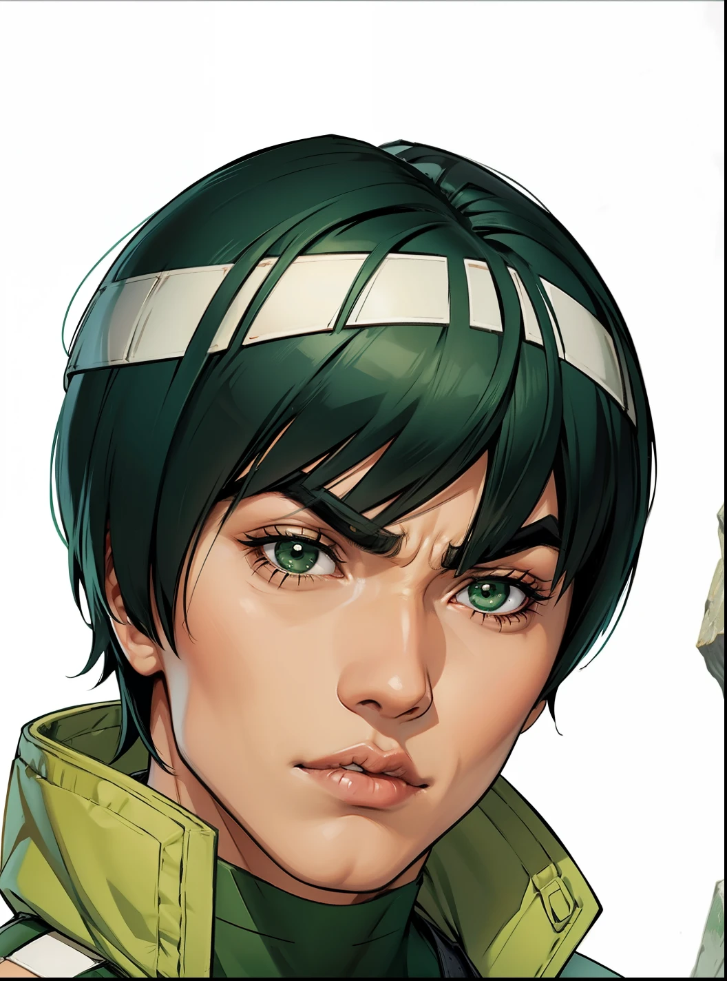 Rock Lee, extremamente realista, muito lindo, cabelo liso, cabelo brilhando, colete verde, legging pants, faixa na perna, Fitness 
