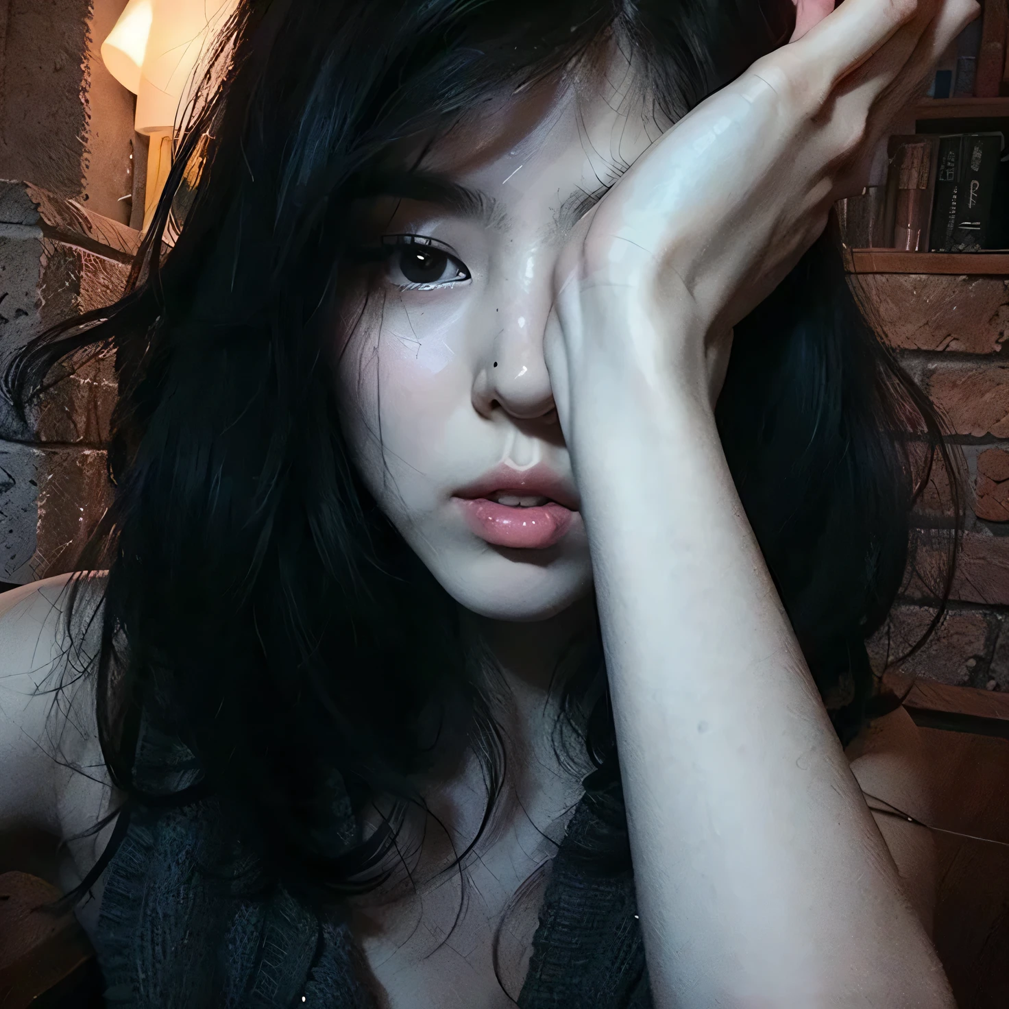 Han So Hee face, foto realista, ULTRA HD, posando para foto, young girl, holding a pen, cabelo curto, castanho, Han So Hee, pele bonita, pouting with your lips, olhos fechados, scratching your eyes with your hand, sleepy and tired expression