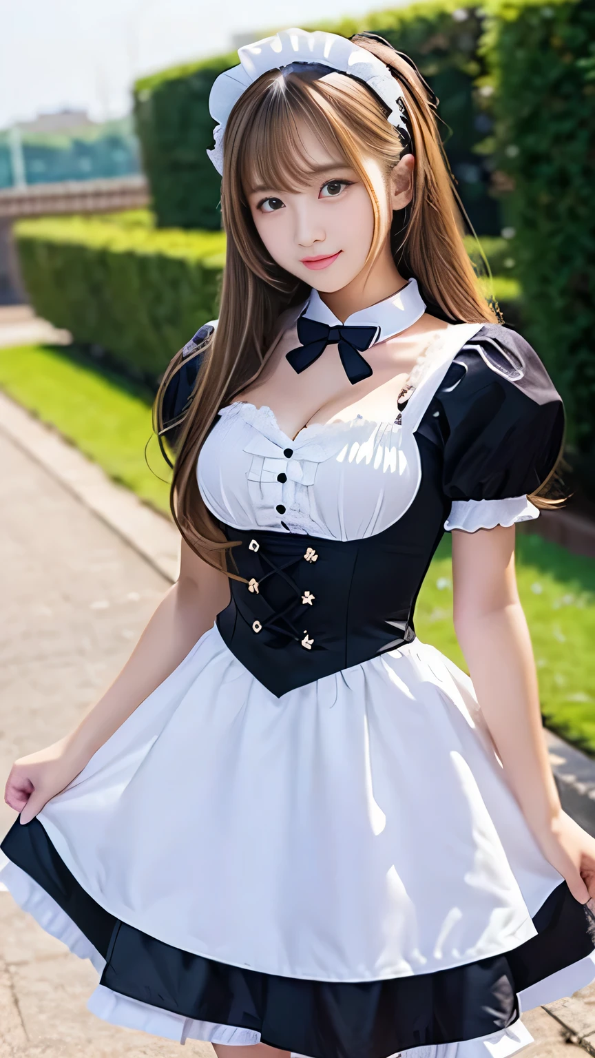 sexy stylish female model, only 1 female, ((doll-like appearance)), ((ultra detailed Victorian-Style boots)), (big smile), ultra detailed eyes, lipgloss, long lashes, defined eyebrows, ((sexy Paradise Kiss cosplay)), bell-shaped skirt, petticoats, high neckline, puffed sleeves, (( ultra detailed lace)), ((ultra detailed embroidery)), intricate details, Paradise Kiss accessoires and matching headpiece, choker, ((large sparkling Paradise Kiss jewelry)), cinematic light, detailed large park background with trees 