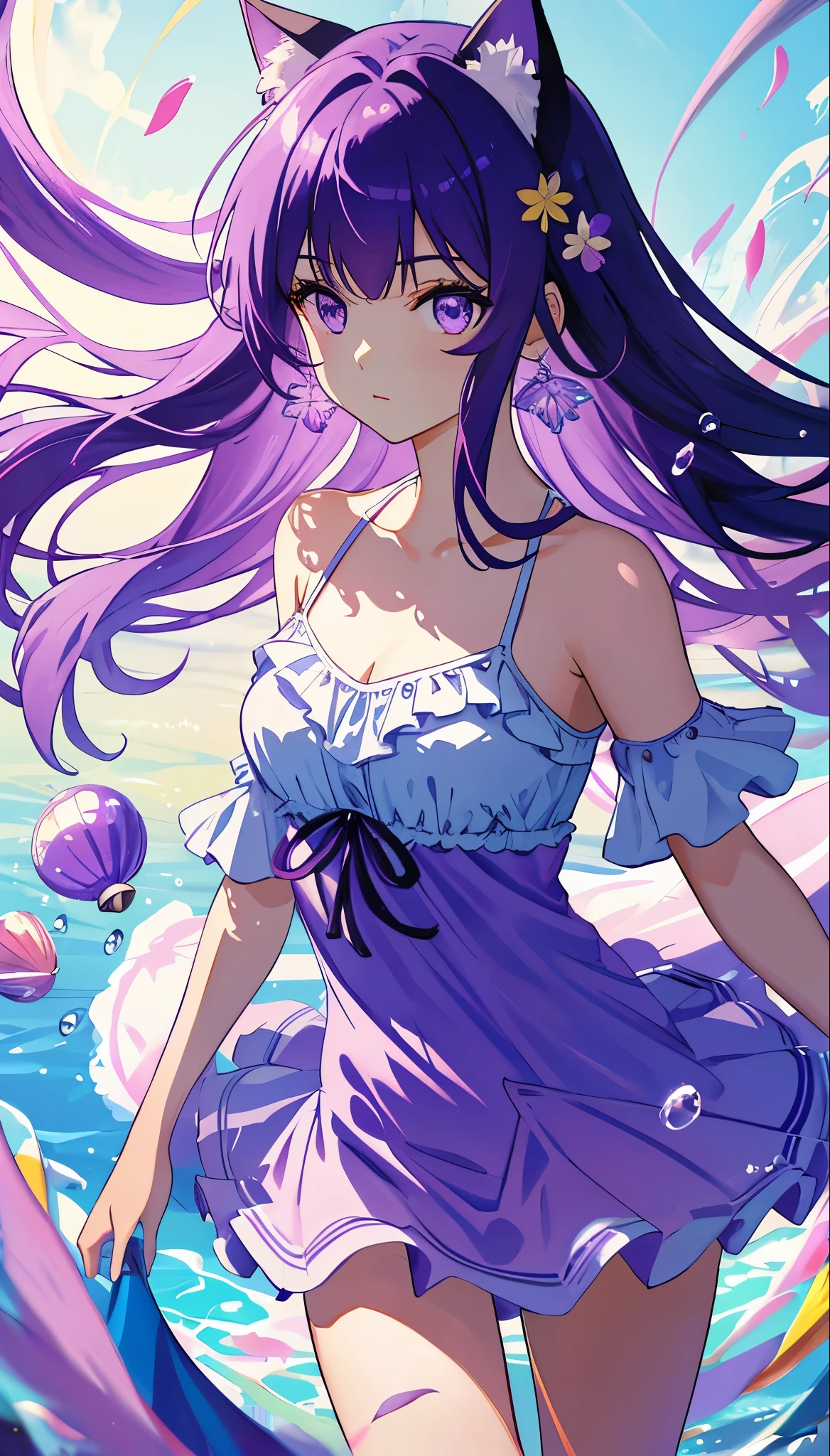 4k,8k, (masterpiece), (best quality), (ultra-detailed illustration), (straight hair), (illustration), (girl with cat ears), (smart dress), is standing , fashion model 、 see the beholder, (simple background), fine, beautiful purple eyes, delicate beautiful face , plankton, (hychroma), (colorful spray) , Colorful bubbles , (brilliance), focusing on the face, camisato colorful flower, purple hair, bangs with bangs, floating flowers, (floating hair)(floating hair)(floating SHINES), best lighting 、 Best Shadows , (swimwear), feathers, shell earrings,