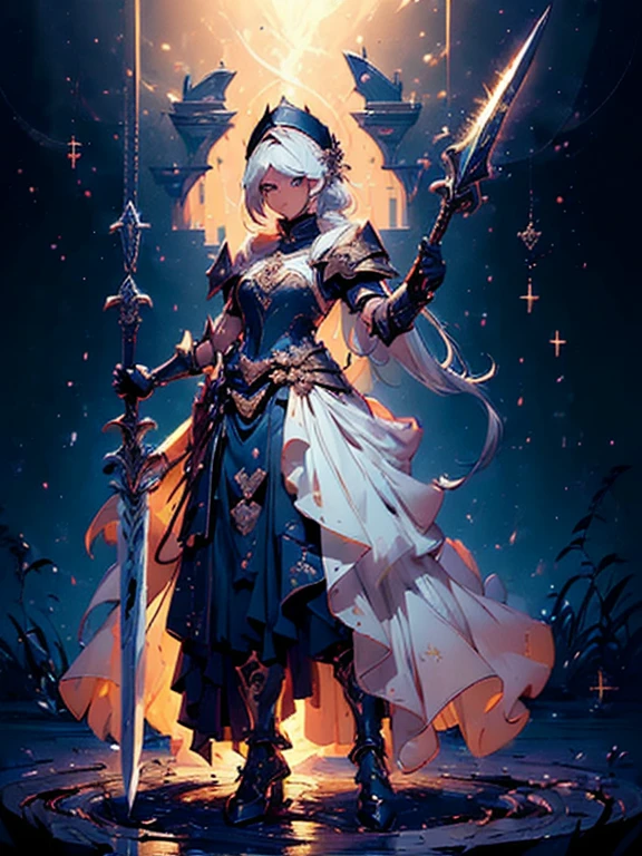 Design a layout showcase Gaming character, (1girl). Golden+Purle clothes, stylish and unique, ((showcase weapon:1.4)), magic staff, (masterpiece:1.2), (best quality), 4k, ultra-detailed, (Step by step design, layout art:1.5), (luminous lighting, atmospheric lighting), magican, ((glove full hands)), (((revealing clothes:1.3))), vambraces, armored legwear, (((full_body_shot:1.4)))
