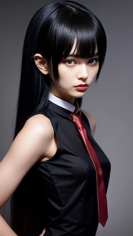 pretty, young, girl, long hair, black hair, (((red eyes))), bangs, (dark shirt), sleeveless, white collar, red tie, small breast, black gloves, black skirt, upper body, white skin, 18 year old, beauty, 1 girl, slender, extremely beautiful face, exquisite face, intimidating look