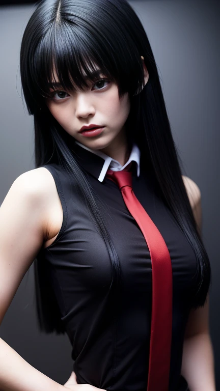 pretty, young, girl, long hair, black hair, (((red eyes))), bangs, (dark shirt), sleeveless, white collar, red tie, small breast, black gloves, black skirt, upper body, white skin, 18 year old, beauty, 1 girl, slender, extremely beautiful face, exquisite face, intimidating look