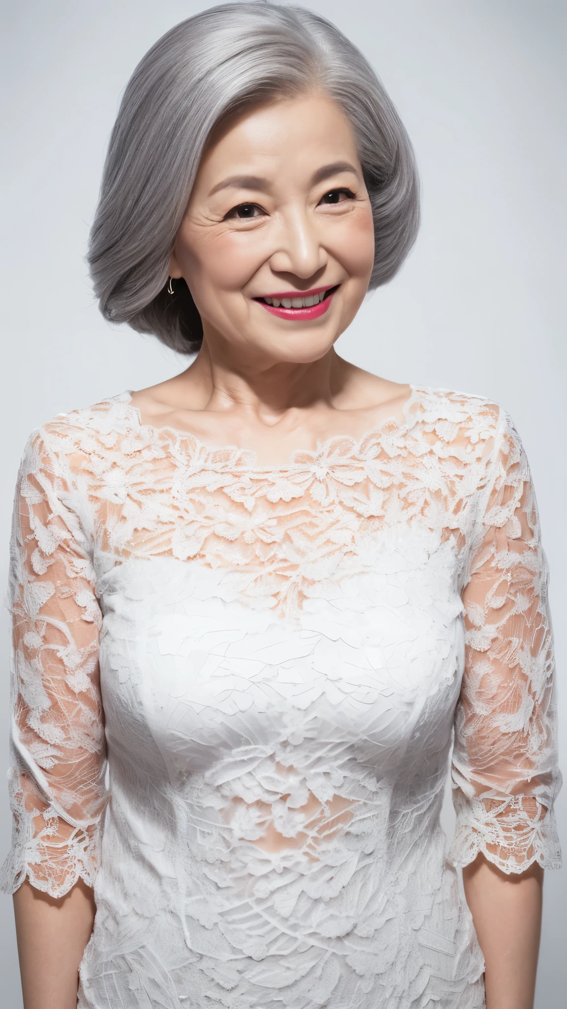 Mid-range close-up, Late Elderly, ((Fractal Art)), (((masterpiece))), 8k, Clear images, (((alone))), (((Asian Beauty))), Pure white background, Gray Hair, Hands behind back, Refreshing early summer outfit, Alluring, ((Elderly)), Depict lips accurately,Red lips, Flashy makeup, (((alone))), (((Perfect Anatomy))), Depicting ears correctly, Pure white background, gravure, Upright posture, smile, ((Beautiful mature woman)), highest quality, Very detailed, Realistic, Very detailed細なスキン, (Madame), (The corners of the mouth are turned up), 100 years old, Huge breasts, Mature Pornstar, Glamour, sexy, Pure white skin, Comfortable clothing,
