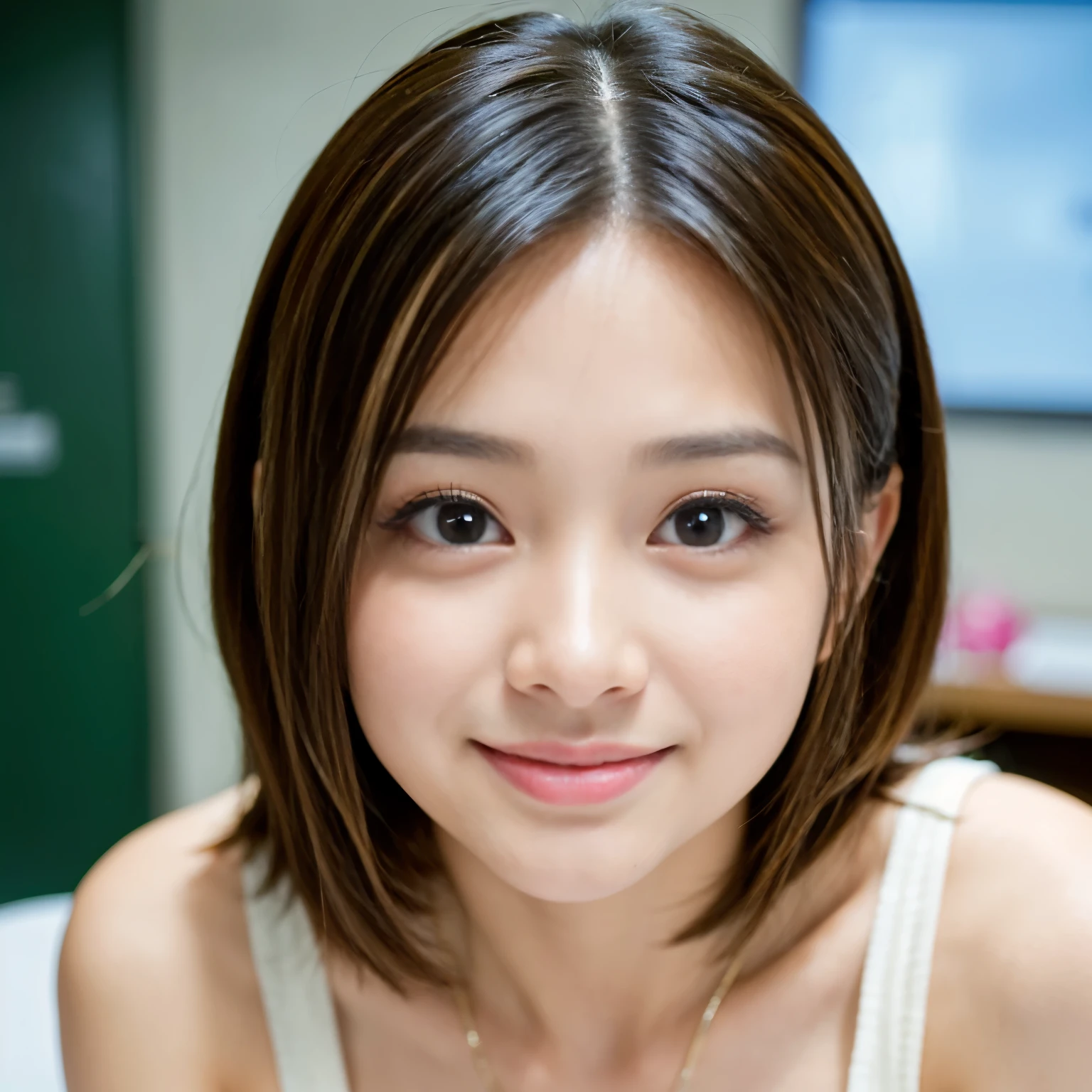 (Best-quality, Masterpiece, Ultra-High-Resolution, (Photorealistic:1.4), Raw Photo, depth of field, professional lighting, perfect anatomy, extremely details), 1girl, 15-years-old, the most famous Japanese idol, at meeting room, wearing casual-clothes with cute-design, (extremely cute face like the most popular Japanese idol, ((extremely cute and extremely big eyes)), extremely cute hair, extremely beautiful skins), extremely cute long-eyelashes, extremely cute lips, looking at viewer, innocent smile, detailed meeting-room