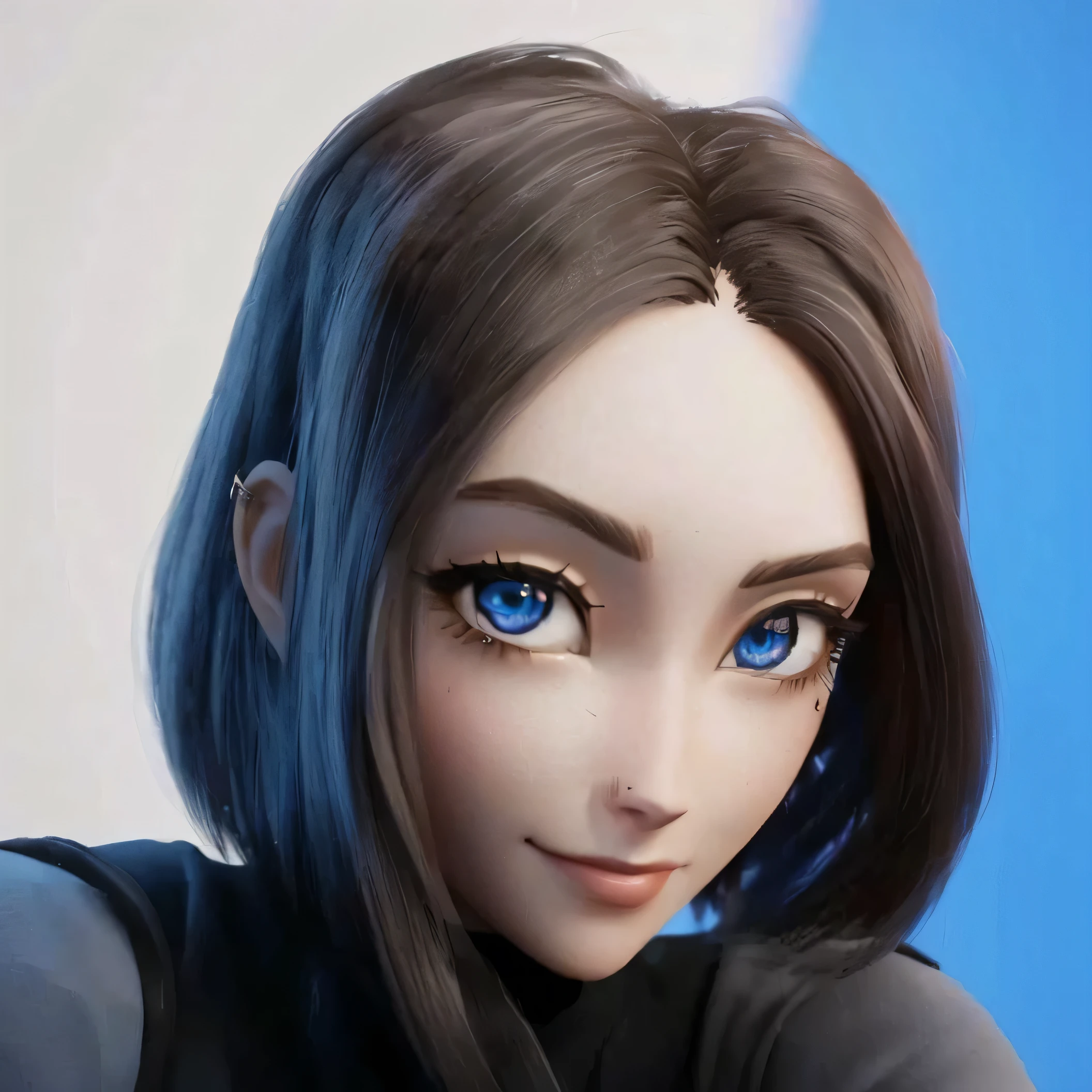 um close de uma mulher com cabelo azul e camisa preta, estilo anime 3 d realista, estilo anime 3d, anime estilizado, personagem de perto, 🤤 retrato de , personagem pequeno. motor irreal 5, anime 3d realista, estilo cgi de anime, 8k portrait rendering, digite germe ; Motor irreal 3D, animation character, eco de overwatch, smile