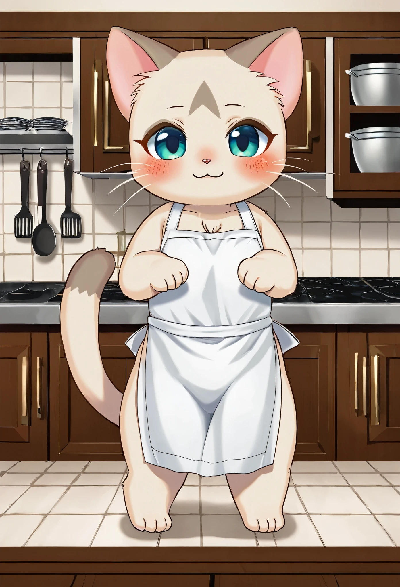 Lynian felyne girl, kemono, kitchen apron, beautiful eyes, fullbody, looking at viewer, blush, anatomically correct body, eyelashes, smile, ancient kitchen background, best quality,
