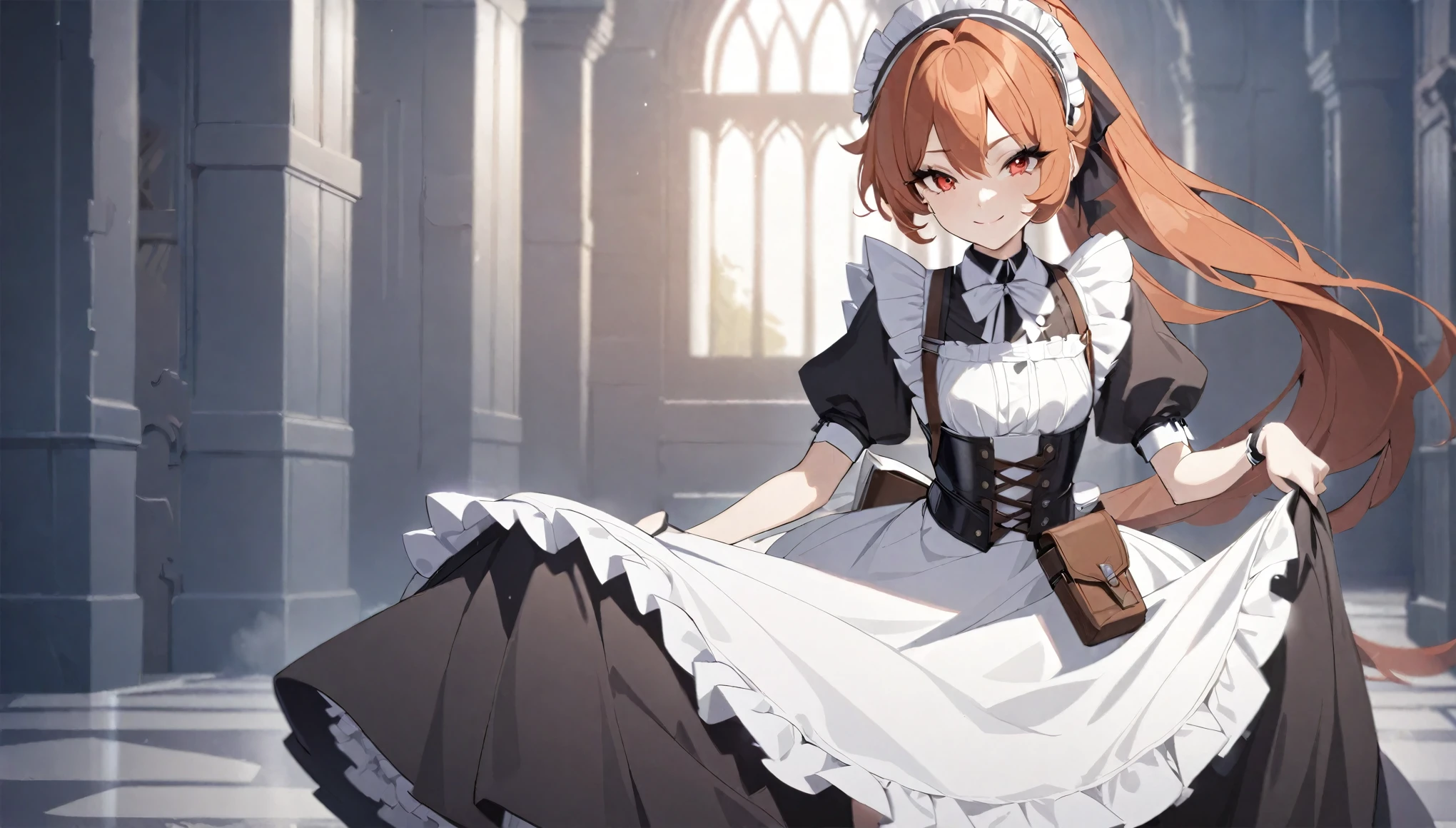 (best quality,4k,8k,highres,masterpiece:1.2),ultra-detailed, (1girl) A cute teenage bodyguard maid with red eyes, drawn in anime style, spiky ginger hair in a long ponytail, victorian fashion, wearing a cute black maid dress with puffy sleeves, corset, tactical gear, light armour, petticoat, bloomers, a frilly headband, a frilly white apron, high-heel boots, ribbons, gun holster, steampunk style, girlish smile, feminine and elegant posture, waiting in a castle hallway, extremely detailed eyes and face,long eyelashes,volumetric lighting,cinematic lighting,protective posture,dramatic close up,highly detailed texture,intricate details.