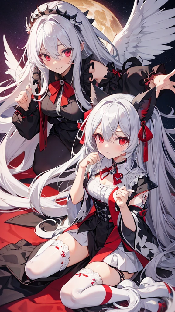 Highest quality　I have long hair　Gray Hair　Konpaku Youmu　Red eyes　I don't have anything　vampire　Odd Eye　kind　Miko costume　Cat ear　Embarrassed　Background Black