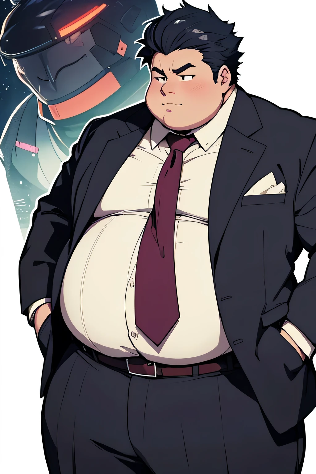 extremely fat anime boy, tie and suit, belt, very big belly, 300 pounds heavy, obese, massive stomach