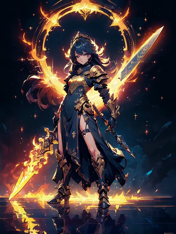 Design a layout showcase Gaming character, (1girl). Golden+Purle clothes, stylish and unique, ((showcase weapon:1.4)), magic staff, (masterpiece:1.2), (best quality), 4k, ultra-detailed, (Step by step design, layout art:1.5), (luminous lighting, atmospheric lighting), magican, ((glove full hands)), (((revealing clothes:1.3))), vambraces, armored legwear, (((full_body_shot:1.4)))
