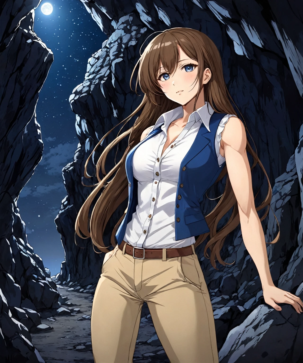 beautiful sexy anime girl with long brown hair & a muscular body, wearing white sleeveless button up collared shirt with a blue vest over it & beige khaki pants, inside of a dark cave in a dark night sky, 1girl