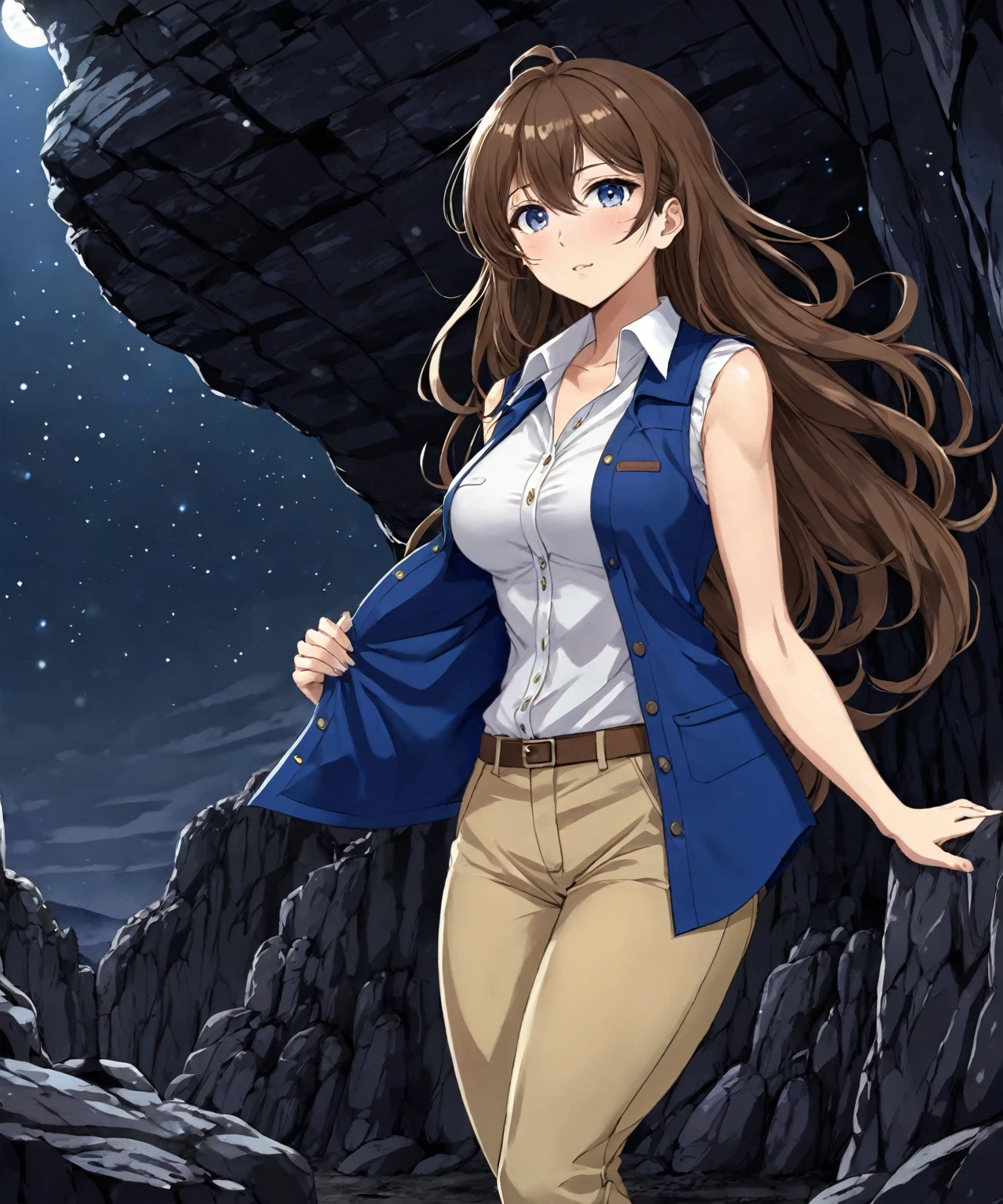 beautiful sexy anime girl with long brown hair & a muscular body, wearing white sleeveless button up collared shirt with a blue vest over it & beige khaki pants, inside of a dark cave in a dark night sky, 1girl