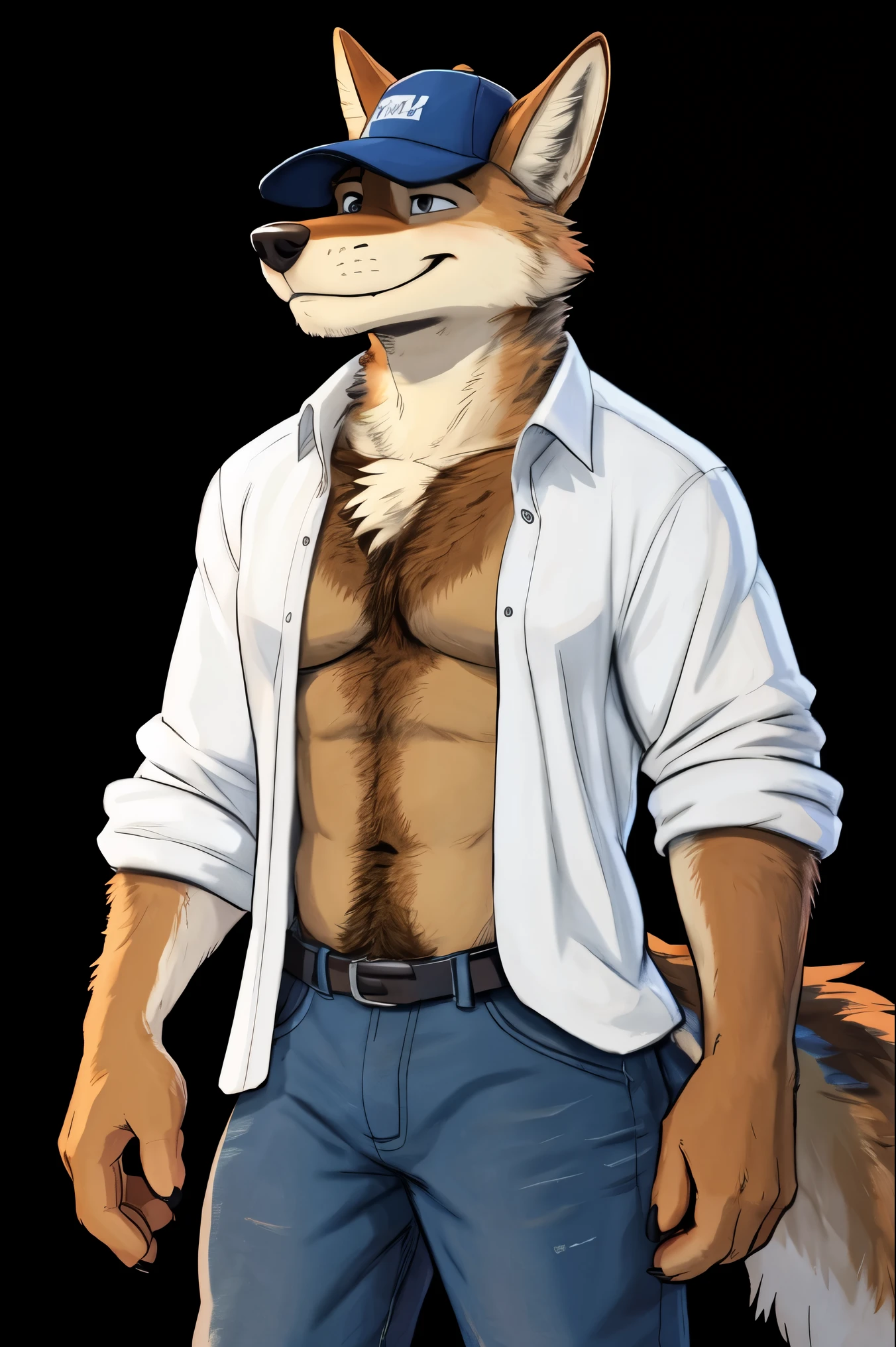 Ultra-high quality, anime, lobo macho de los años 1940, solo, male, happy, romantic, solo, cropped black t-shirt, dog collar, whiskers, jeans sliding down, side view, navel, butt, tilting hip, seductive look, bwu