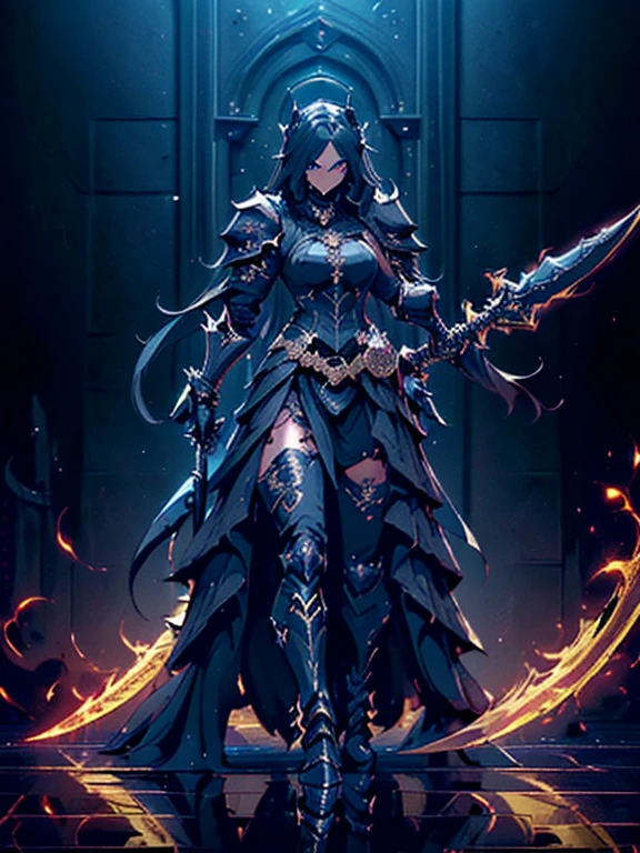 Design a layout showcase Gaming character, (1girl). Black+Gold clothes, opulent and dark, ((showcase weapon:1.4)), cursed blade, (masterpiece:1.2), (best quality), 4k, ultra-detailed, (Step by step design, layout art:1.5), (gloomy lighting, cursed atmosphere), dark knight, ((cursed gloves)), (((revealing armor:1.3))), dark vambraces, cursed boots, (((full_body_shot:1.4)))