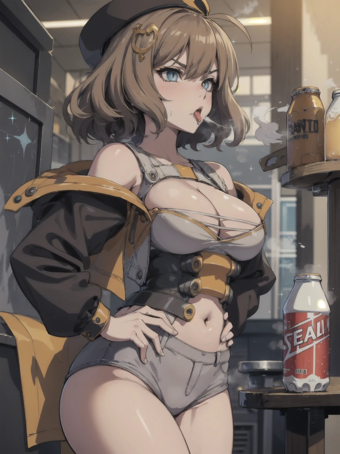 (Burp Steam:1.6), 1girl,solo, angry, curly hair, beautiful detailed eyes, (Perfect sparkling eyes:1.2), hand on hips, (Blur the background), (Have a carbonated drink:1.1)