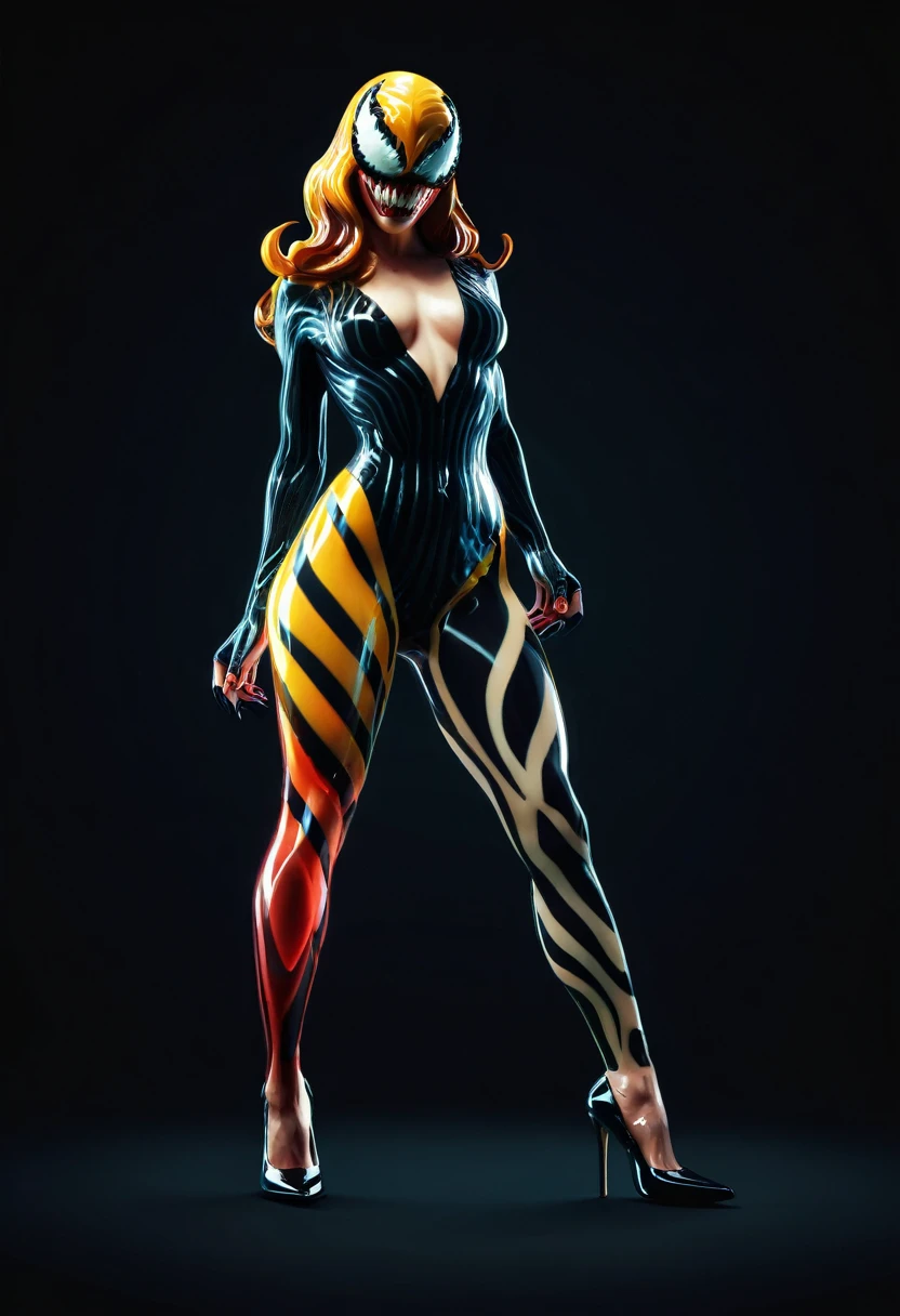 black background,female venom wearing high heels,in the style of translucent resin waves, daria endresen,anatomical correct, rendered in cinema4d, anton fadeev, stripes and shapes, uhd image, cross processing