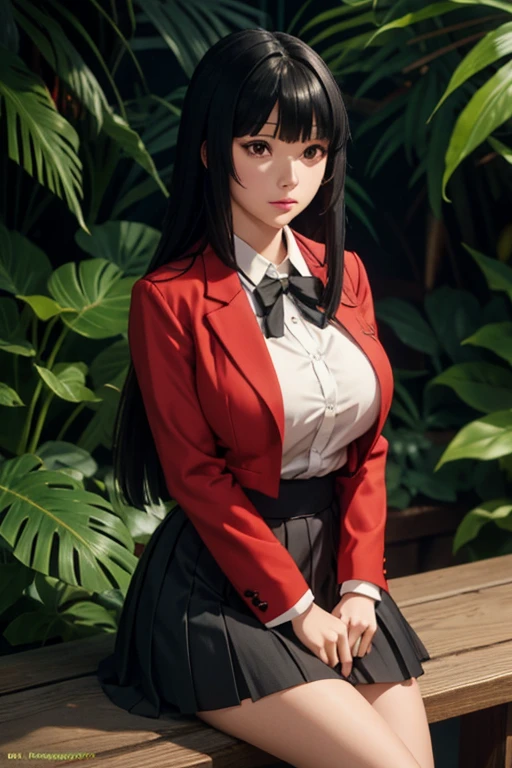 sit in tropical rainforest , steam , waistband of skirt is at the point above chest , Tight shirt , white Shirt , school girl , skirt under breasts , skirt is near breasts area , skirt is adjacent to the chest , jabami yumeko, black hair, long hair, blunt bangs , red jacket, shirt, black skirt , big breasts , pikkyyumeko pikkyyumeko, 1girl, solo, looking at viewer, black hair, bangs, blunt bangs, long hair, very long hair, hime cut, red eyes, glowing eyes, breasts, large breasts, , shirt, red jacket, jacket, white shirt, collared shirt, lips, blazer, black pantyhose, mary janes,  full body,