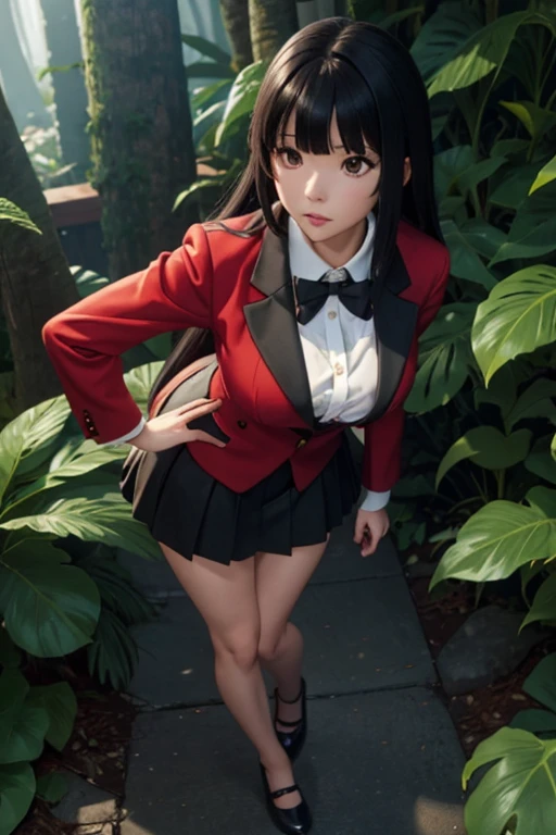 sit in tropical rainforest , steam , waistband of skirt is at the point above chest , Tight shirt , white Shirt , school girl , skirt under breasts , skirt is near breasts area , skirt is adjacent to the chest , jabami yumeko, black hair, long hair, blunt bangs , red jacket, shirt, black skirt , big breasts , pikkyyumeko pikkyyumeko, 1girl, solo, looking at viewer, black hair, bangs, blunt bangs, long hair, very long hair, hime cut, red eyes, glowing eyes, breasts, large breasts, , shirt, red jacket, jacket, white shirt, collared shirt, lips, blazer, black pantyhose, mary janes,  full body,