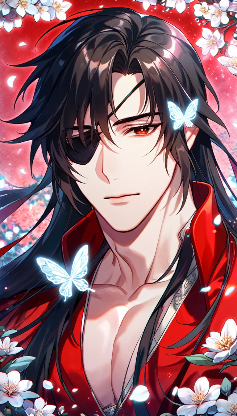 Ultra detailed, HDR, Highres, absurdres, master piece, Hua Cheng, black long hair, expressive red eye, black eye patch, Heaven Official's Blessing, glittering silver butterflies, petals, red clothes, red flowers, handsome, sexy man, toned chest, extremely detailed face and eyes, glittering, red forest, perfect face, best quality, red rain,