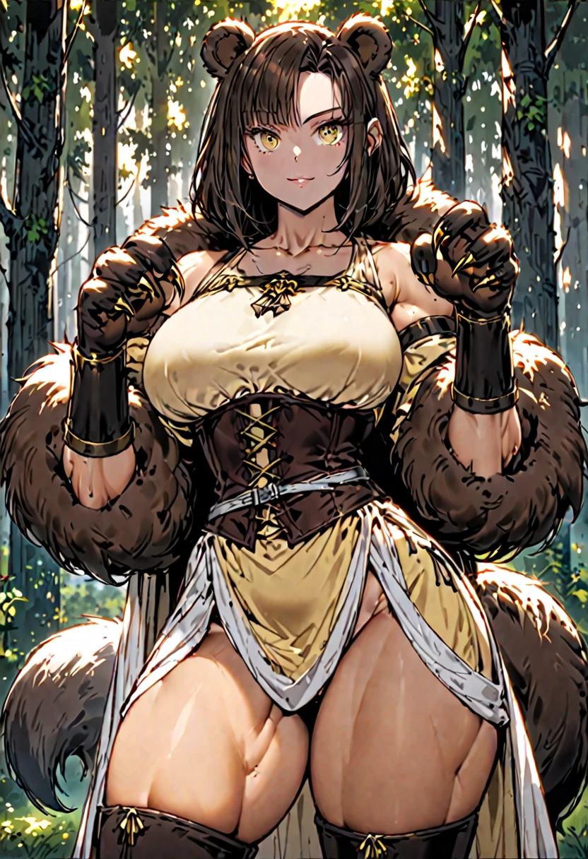 solo:1.4, female, sfw, medium shot, dark brown hair, short hair, yellow eyes, slit pupils, Smooth skin, creamy complexion with a golden undertone, Athletic, toned, broad shoulders, very strong, Visible veins and muscle fibers, thick fur, velvety fur, dark brown and white fur, dark brown bear tail, fur on arms:1.3, forest, gentle smile, abs, claw hands, dark brown furred hands, animal hands:0.9, medieval clothes, dark brown ears, bear ears, very large woman, very tall woman, bare shoulders, fur on thighs:0.7