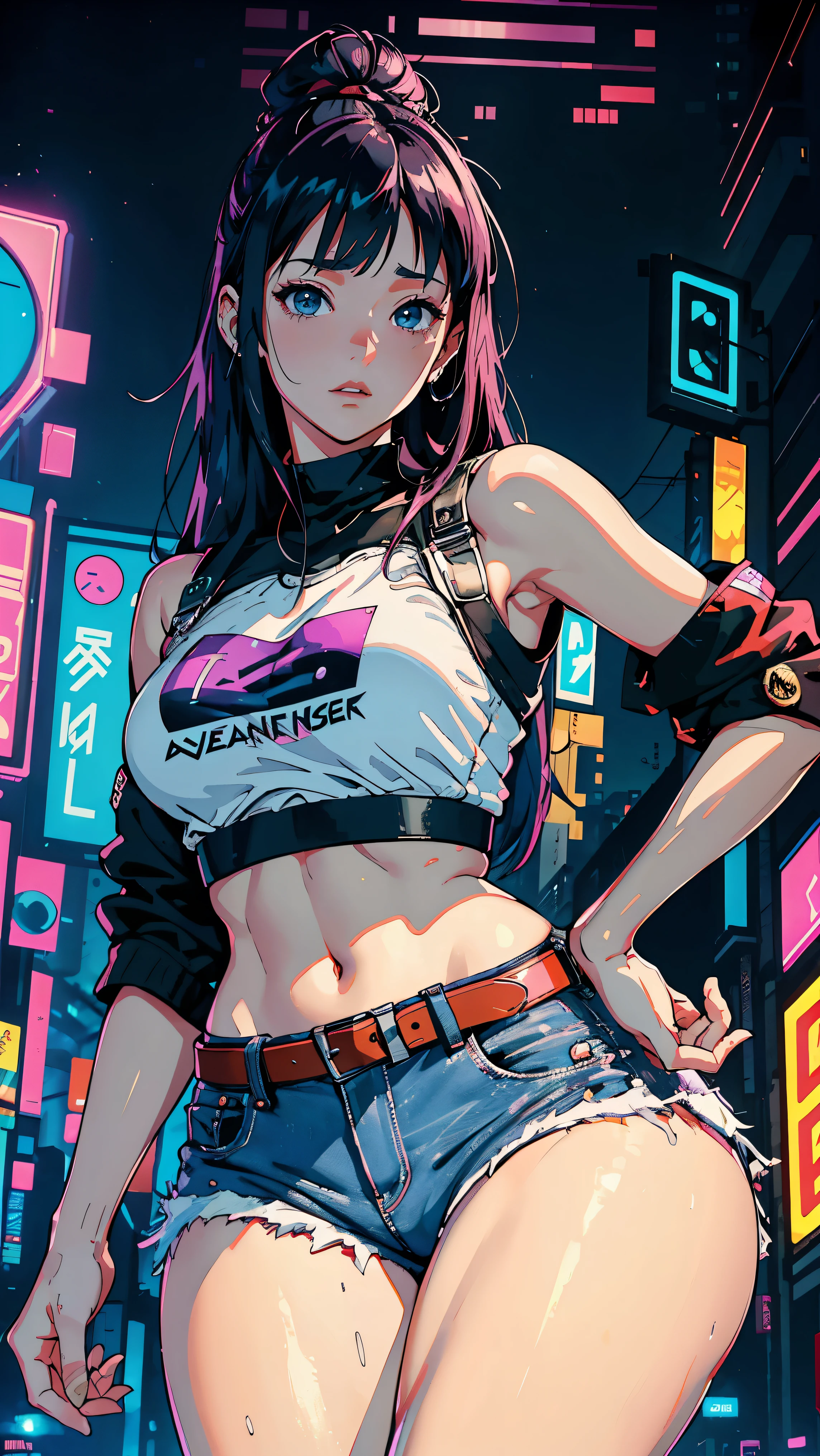 (Hinata Hyuga, whole body, Spreading her legs, Very sensual, In tight clothes, Big Ass, Thick legs, Jean Shorts, Wearing a mini blouse, Navel comes out, Long Hair, Rear speakers, Very realistic, View of the Cyberpunk City, Clearly defined lines, Neon Lights Very Sexy, 8k, 8k Very detailed), (Very delicate and beautiful), (masterpiece), (Better Quality: 1.0), (Ultra-high resolution:1.0), ((Synthwave Background Theme))