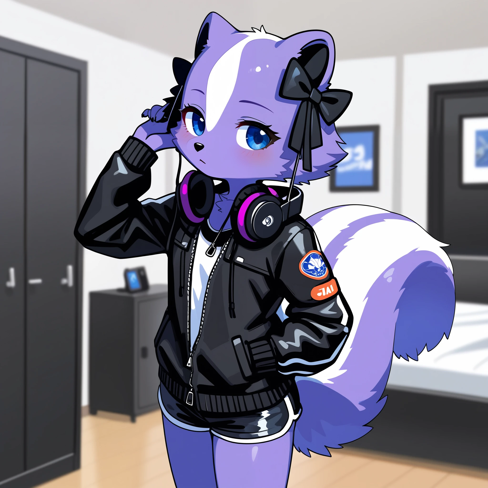 solo, Shikabane, anthro furry skunk girl, purple furry body, blue eyes, black jacket, headphones around neck, black bows on head, black short shorts, jitome, standing, indoors, 