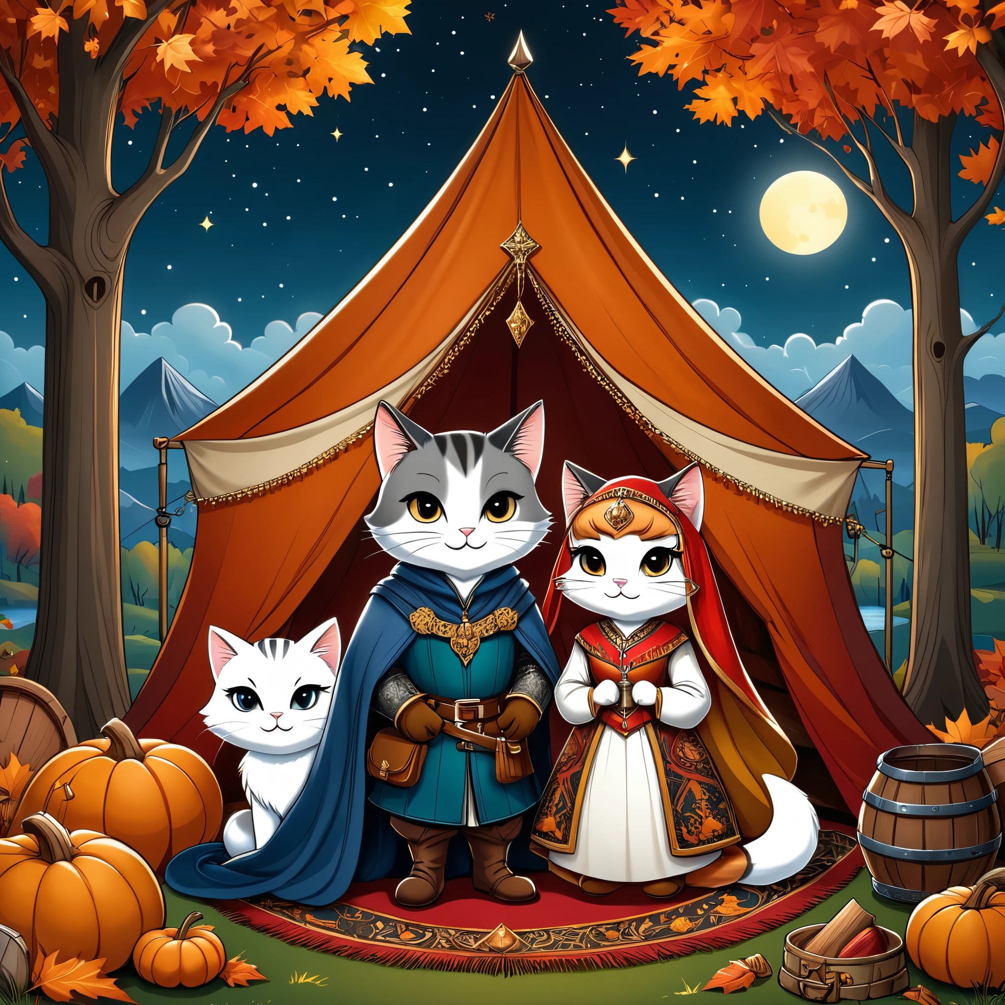 Professional cartoon illustration, (masterpiece in maximum 16K resolution, superb quality, ultra detailed:1.3), (cute round autumn postcard adorned with exquisite detailes:1.4), a feline love medieval couple sitting on a log amidst the (medieval campsite), a tent, (medieval merchant Arabian clothes:1.2), (armored hats), a big backpack, (Art Deco patterns:1.3), gloomy night sky with the crescent moon.