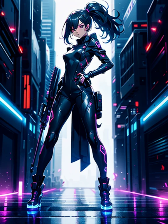 (masterpiece, best quality:1.1),
(8k, best quality, masterpiece, ultra highres, ultra-detailed:1.2),future technology,1girl,A japanese samurai girl wearing a cyberpunk-style mecha costume,beautiful detailed face,eyes with large brown irises,small mouth, fresh lips,Shining Japanese sword,dynamic poses,(glowing electronic screen),(Electronic information flow:1.3),Holographic projection,(Glowing electronic screen on arm:1.2),whole body,Multi-wire striations,Luminous text on thigh,(girl pose:1.2),Glowing electronic shoes,whole body,Colored smoke,City blocks,skyscraper,neon lights,