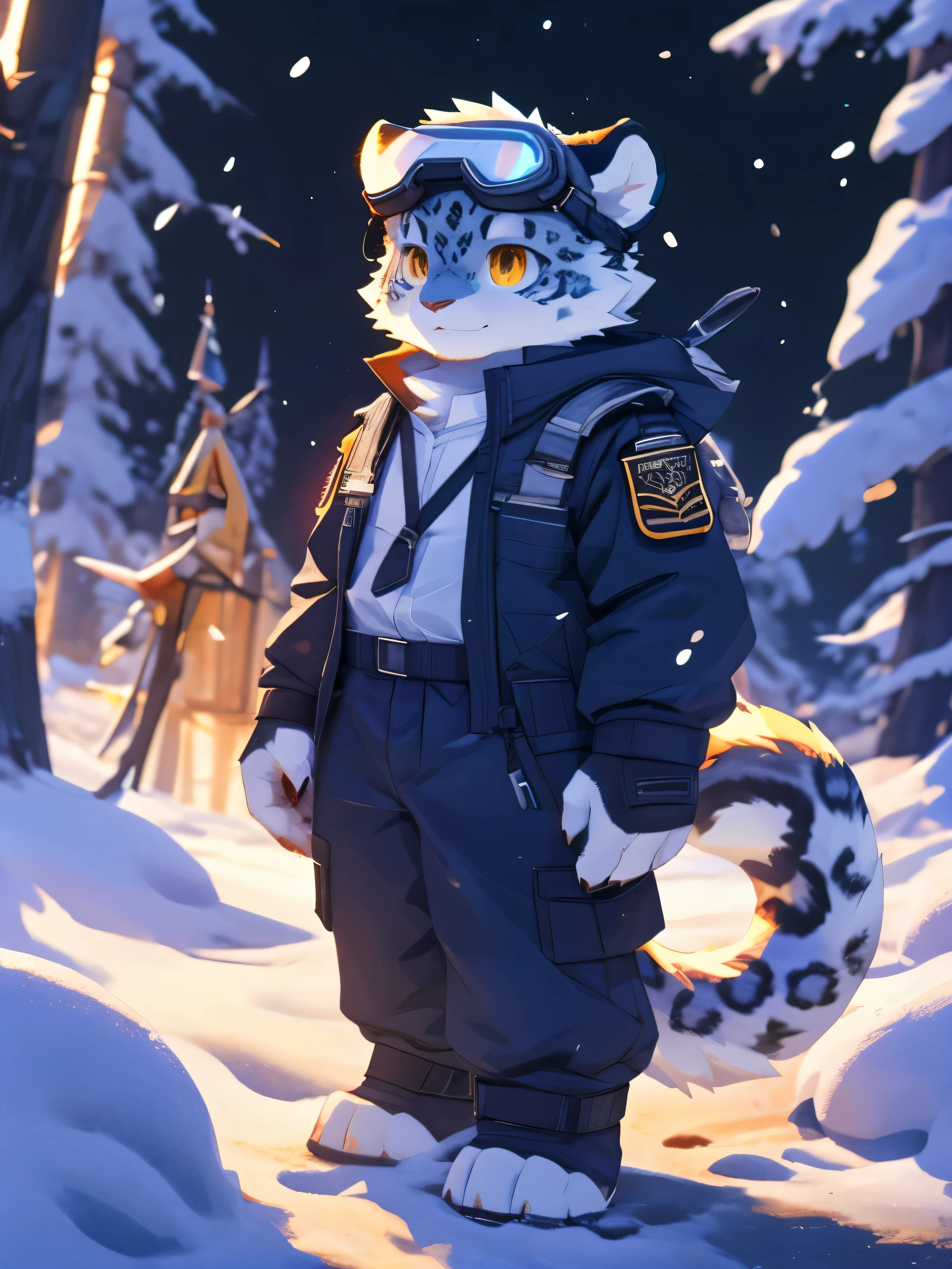 nj5furry,kemono,full-length portrait,anthro,hi res,juvenile,male,strong,Goggles,Sky blue adventure suit,White texture,commander,snow leopard,Fluffy hair,White plush paw,Fingerless gloves,Golden Eyes,Delicate eyes,Detailed eyes,Extremely high detail,8K HD characters,optimism,(particle, Scattered letters, sunlight): 1.3
