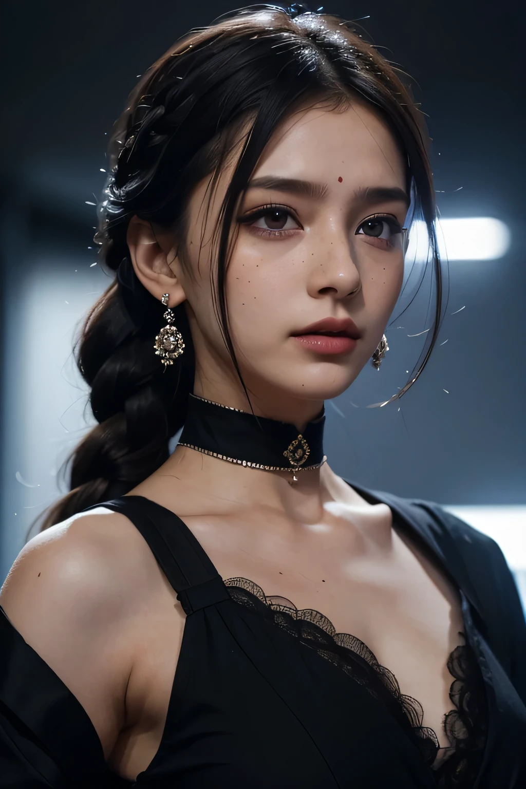 Sadhishink, movie「La Vete」in, By Valerian Borowczyk, erotic, 1 of 1 girls, black_eye, Blurred, Blurred_background, Braiding, choker, depth_of_Field, dress, Earrings, eyelash, freckles, hair_that's all_shoulder, jewelry, lips, length_hair, length_sleeve, Looking_in_Audience, necklace, Between, Inflated_length_sleeve, Inflated_sleeve, Realistic, single_Braiding, One person in, twin_Braidings, upper_body, masterpiece, 最high quality, high quality, High resolution, (((Face of close up)))、Super big