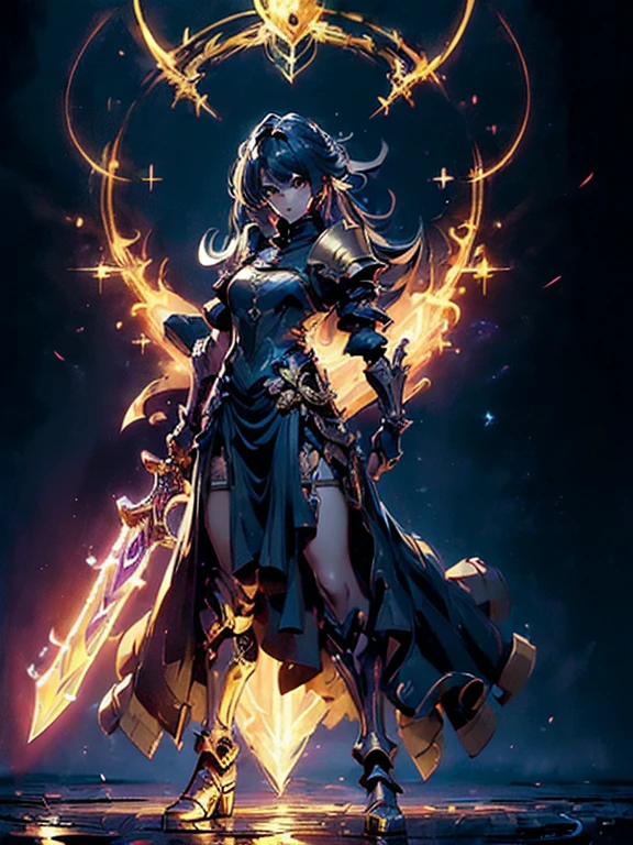 Design a layout showcase Gaming character, (1girl). Golden+Purle clothes, stylish and unique, ((showcase weapon:1.4)), magic staff, (masterpiece:1.2), (best quality), 4k, ultra-detailed, (Step by step design, layout art:1.5), (luminous lighting, atmospheric lighting), magican, ((glove full hands)), (((revealing clothes:1.3))), vambraces, armored legwear, (((full_body_shot:1.4)))