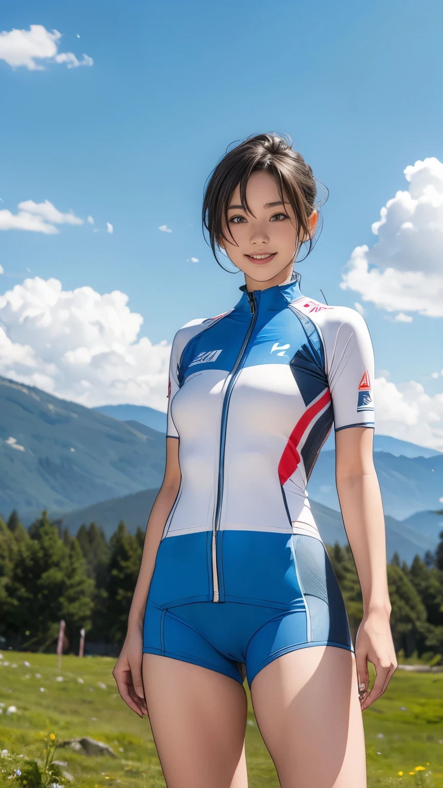 (girl, , Same height :1.2) ,masterpiece,Mountain Bike,Cycling enthusiasts,beautiful girl,Professional clothing,Blue sky and white clouds,8K, 日本のgirl , (Smile:0.7), Smile, very short hair , Camel toe, (High color saturation:1.0), (Very delicate skin), (best quality:1.0), (Ultra-high resolution:1.0) ,(Practical:1.0), (Super detailed:1.0), (8K, RAW photos:1.1)