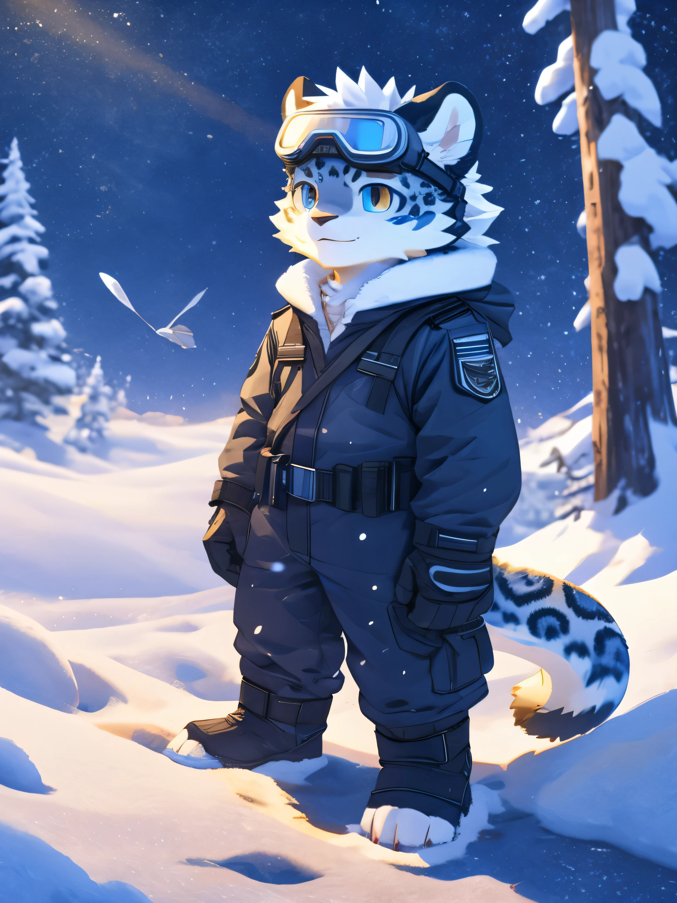 nj5furry,kemono,full-length portrait,anthro,hi res,juvenile,male,strong,Goggles,Sky blue adventure suit,White texture,commander,snow leopard,Fluffy hair,White plush paw,Fingerless gloves,Golden Eyes,Delicate eyes,Detailed eyes,Extremely high detail,8K HD characters,optimism,(particle, Scattered letters, sunlight): 1.3