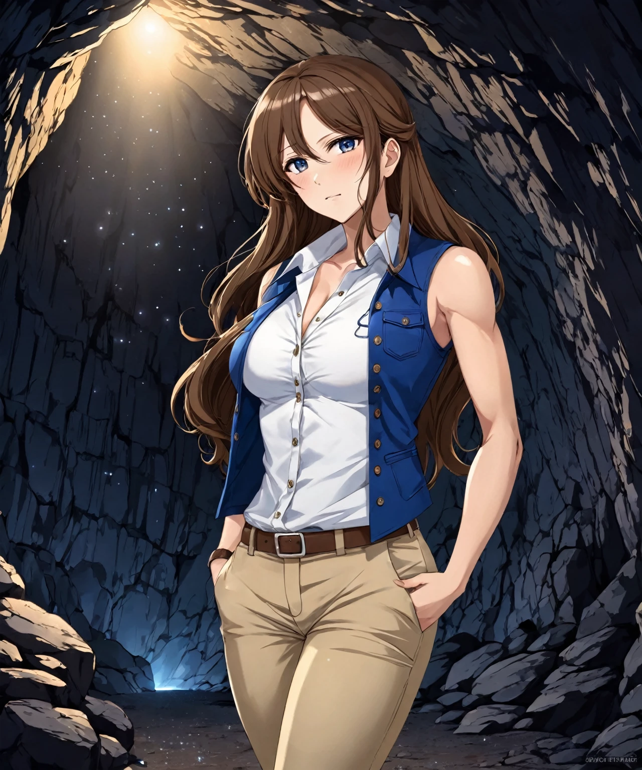 beautiful sexy anime girl with long brown hair & a muscular body, wearing white sleeveless button up collared shirt with a blue vest over it & beige khaki pants, inside of a dark cave in a dark night sky, 1girl