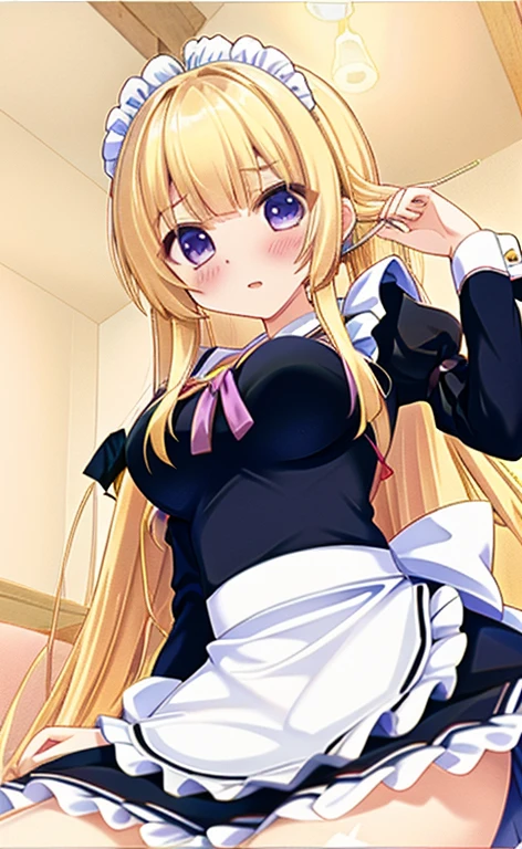 Beautiful long blonde　Embarrassing　Girl in black maid outfit　Long sleeve　Long skirt　hizamakura&mimikaki　pov