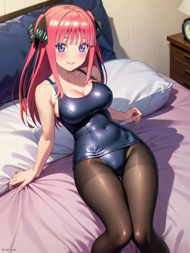 best quality, ultra-detailed masterpiece, nino nakano, one-piece swimsuit, breasts, pantyhose, blush, smile, cushion, bed room