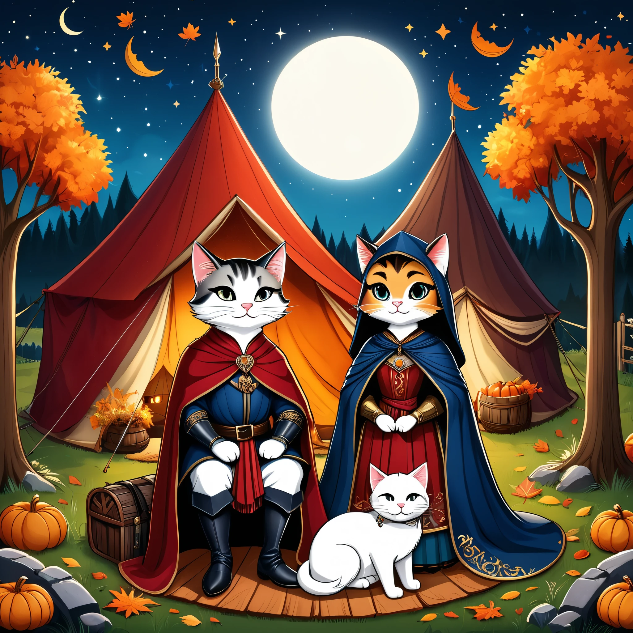 Professional cartoon illustration, (masterpiece in maximum 16K resolution, superb quality, ultra detailed:1.3), (cute round autumn postcard adorned with exquisite detailes:1.3), a feline love medieval couple sitting on a log amidst the (medieval campsite), a tent, (medieval merchant Arabian clothes:1.2), (armored hats), a big backpack, (Art Deco patterns:1.3), gloomy night sky with the crescent moon.