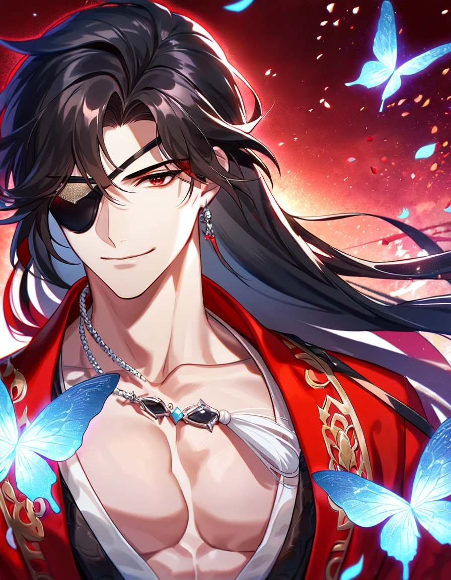 Ultra detailed, HDR, Highres, absurdres, master piece, Hua Cheng, black long hair, expressive red eye, black eye patch, Heaven Official's Blessing, glittering silver butterflies, petals, red clothes, red flowers, handsome, sexy man, toned chest, extremely detailed face and eyes, glittering, red forest, perfect face, best quality, red rain, smirking